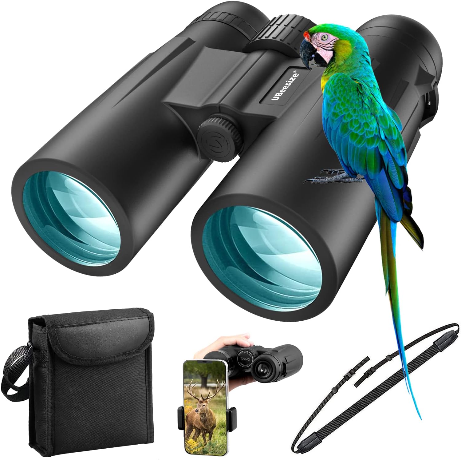 UBeesize 12x42 HD Binoculars for Adults with Upgraded Phone Adapter, Professional Binoculars with Clear Low Light Vision, Waterproof Binoculars for Bird Watching, Hunting, Travel and Outdoor Sports