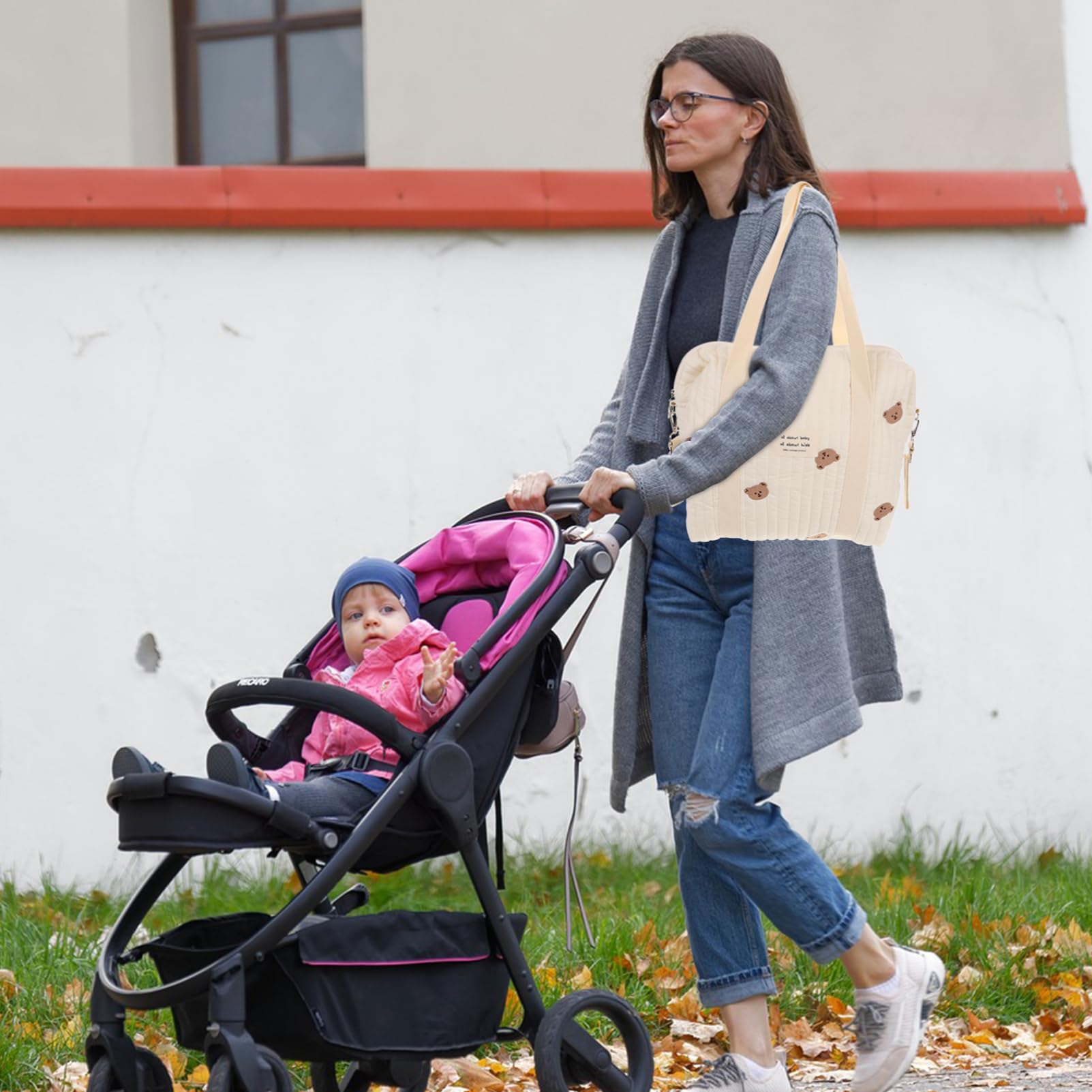 Tragbare Windeltasche mit Reißverschluss und Stickerei aus Baumwolle | Unterwegs und Reisen, Weiß mit Hardware, Passend für Babywindeln und Kleinkind Windeln