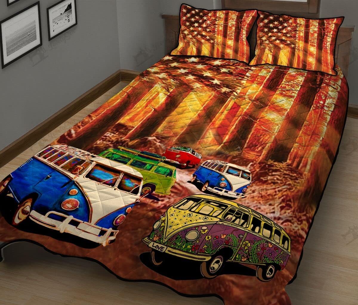 Hippie Van Bus Sunset Bedding Set 3 Pieces Quilt Cover with Pillowcase Cover Soft