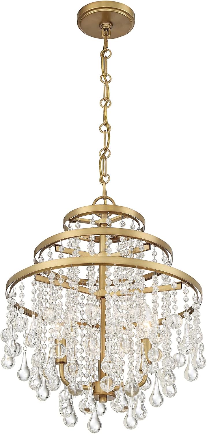 Savoy House 1-1865-3-322 Luna Vintage Modern Luxe Clear Crystal Curtain Mini Chandelier, 3-Light 180 Total Watts, 19" H x 16" W, Warm Brass
