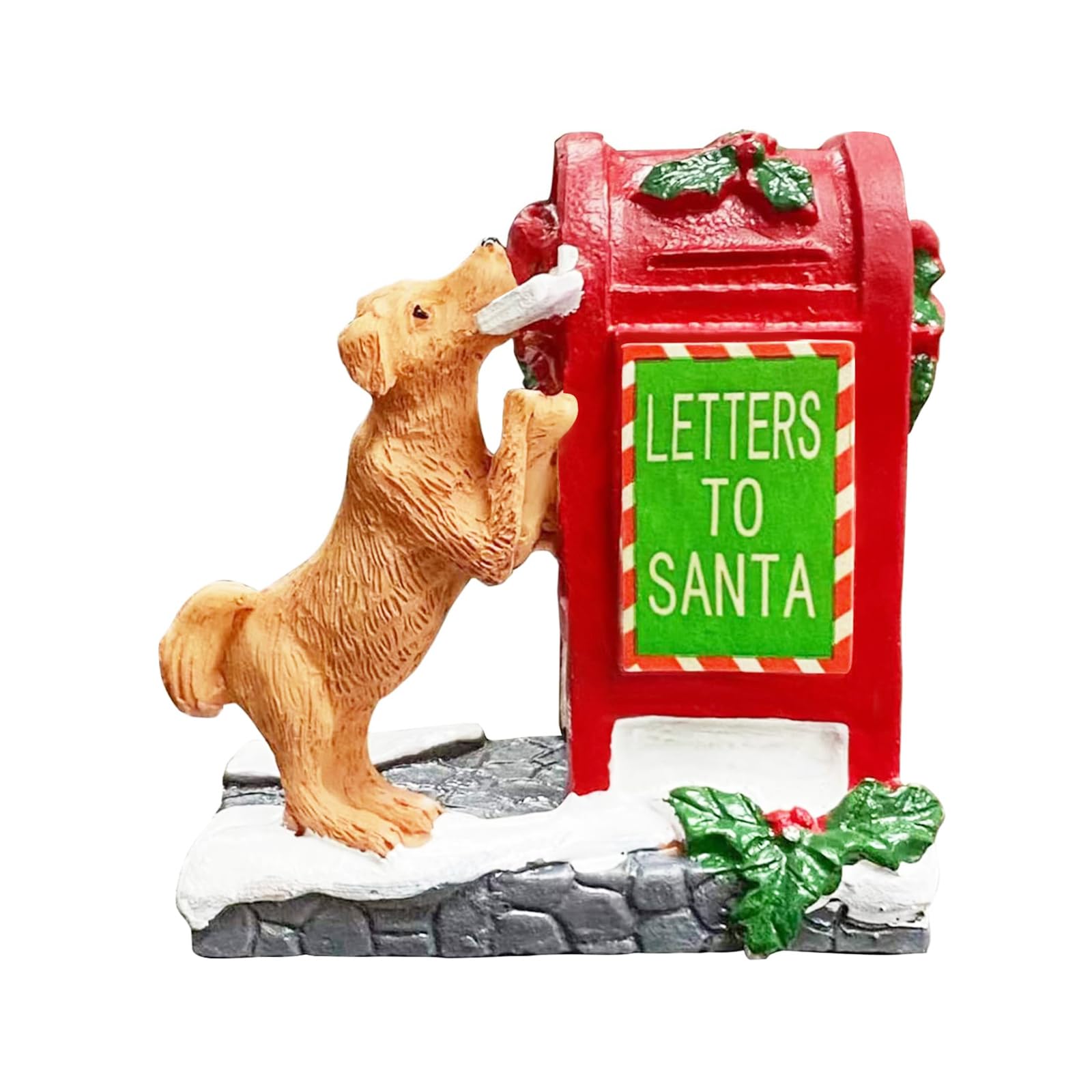 QIAOLY Decorative Christmas Village Accessories for Collection, Resin Dog Mailbox Animal Ornament 2.4 Inch, Cute Doggy Statues Villages Sets Decor