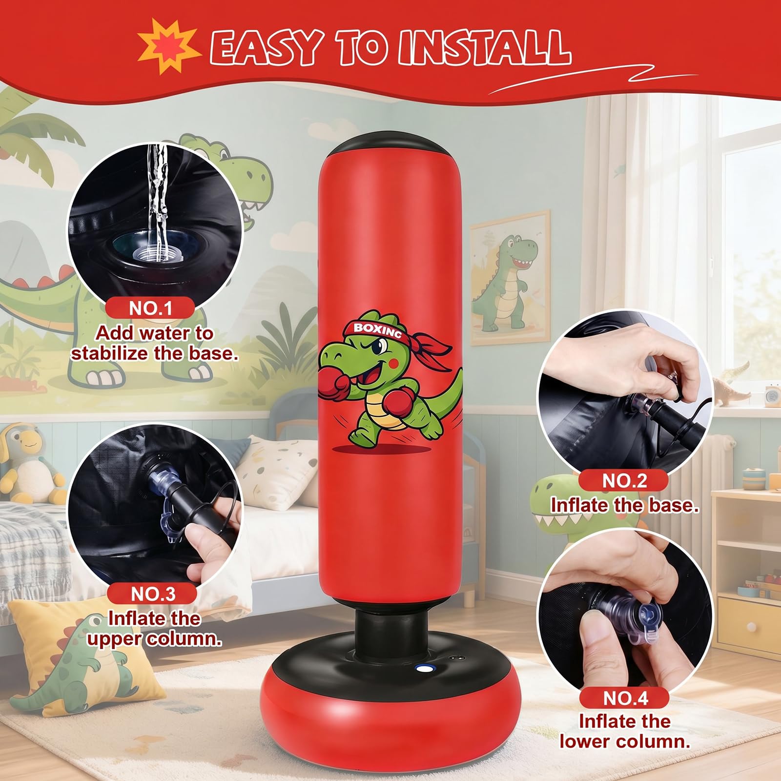Ninonly 130cm Sacco da Boxe Bambini Motivo a Dinosauro Rosso | Pungiball Bambini con Guantoni e Pompa, Regalo per Bambini e Bambine Età 3+,per Karate e Taekwondo