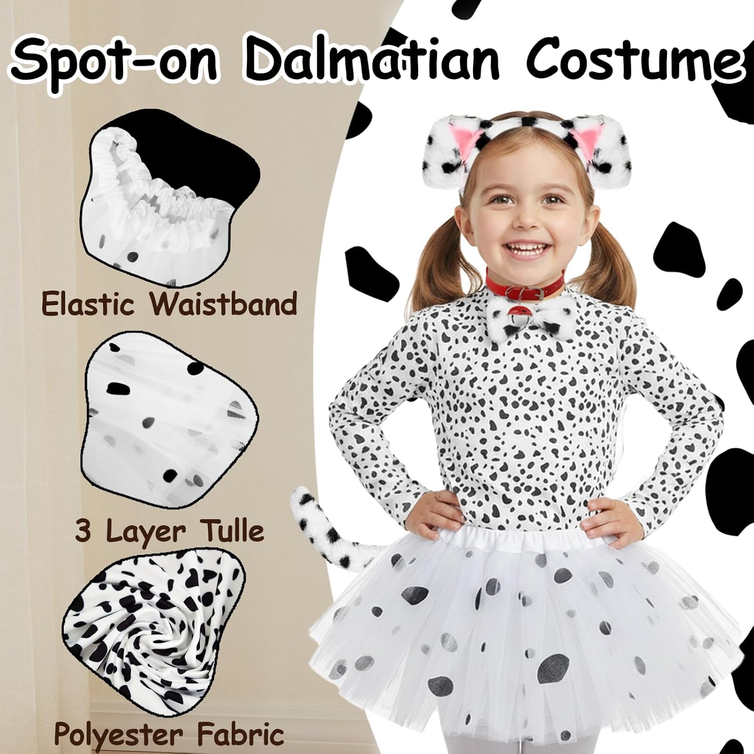 Dalmatian Costume Girls, 101 Days of School Dog Costume Set Kids Tutu Headband Accessories Halloween Animal Party - Image 3