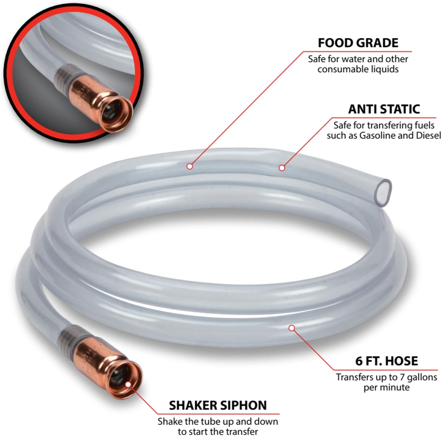 Performance Tool W54155 Food-Grade 7 GPM Liquid Transfer Shaker Siphon Tube Hose, Clear Blue, 6-Foot Tube