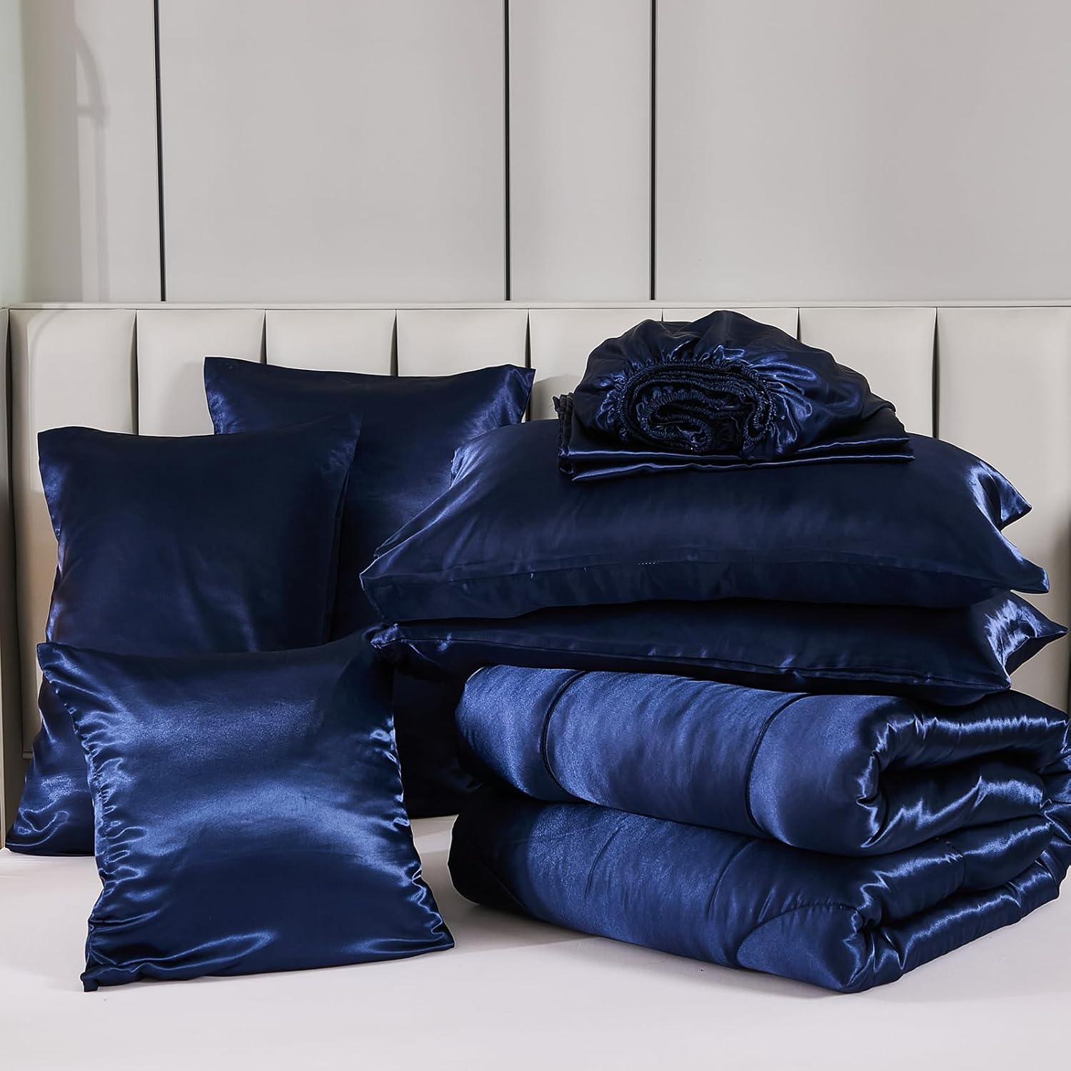 Bedding_Dreamer Silk Like Blue Comforter Set with Sheet Sets Queen 8 Pieces Satin Bedding Silky Bed-in-a-Bag Luxury Hotel Silky with 1 Cushion Cover