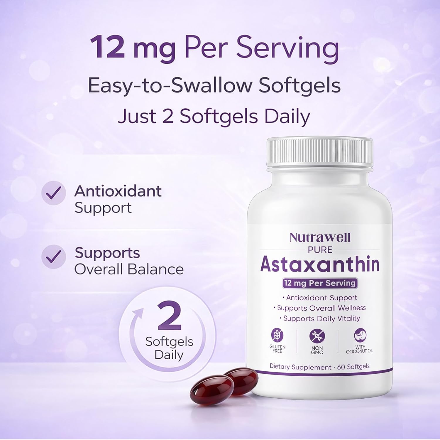 NutraWell Astaxanthin 12mg, with Coconut Oil, Antioxidant Support Supplement, Non-GMO, Gluten Free, 60 Softgels