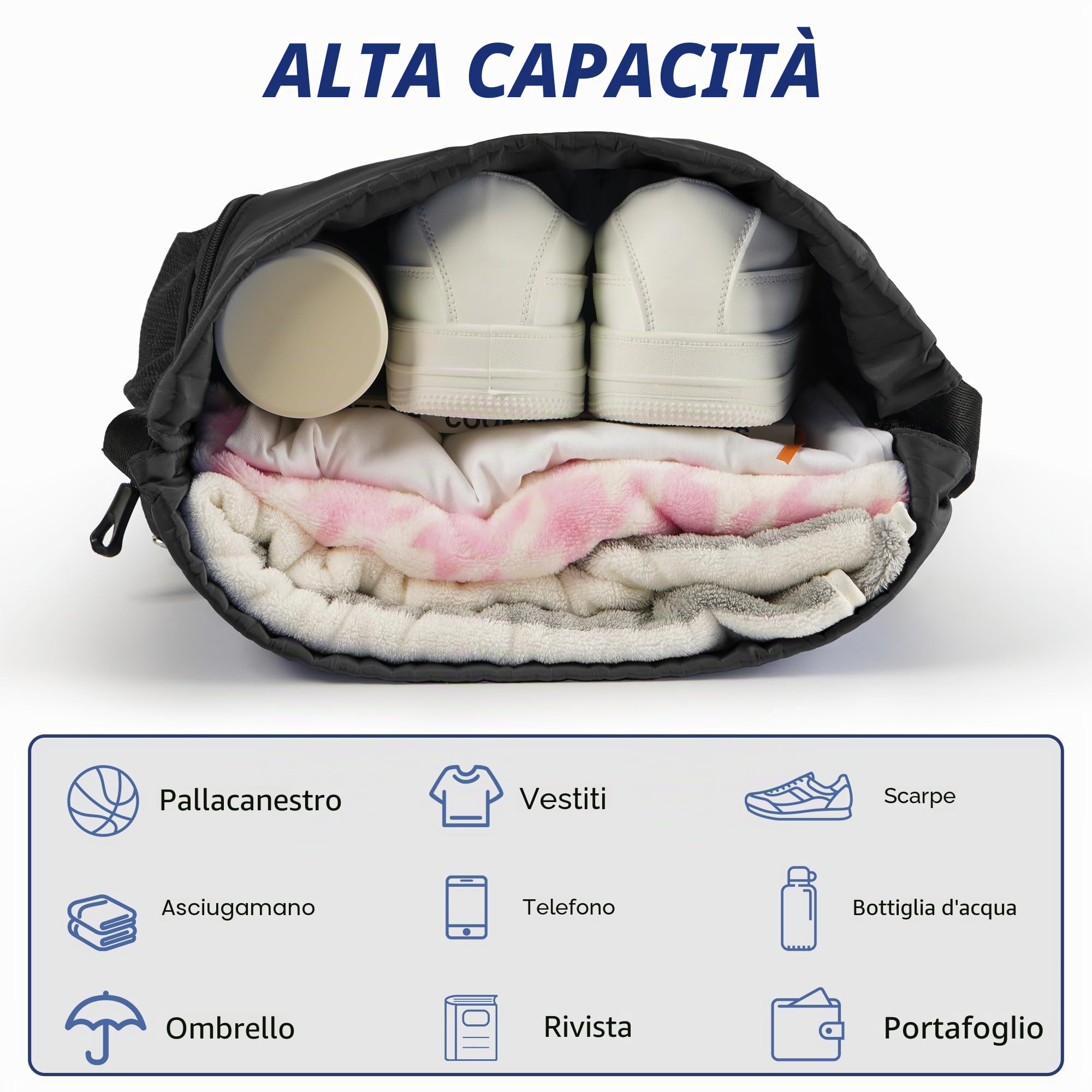Sacca sportiva per uomini, donne e bambini, con compartimento scarpe separato, tasca principale e tasca interna, sacca palestra per basket, calcio, yoga e nuoto, zainetto sportivo
