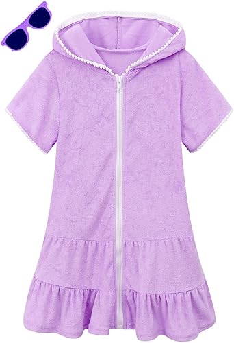 LUCKYGAL - Traje de baño para niñas con Cierre y Lentes de Sol, Púrpura, 6-7 Año