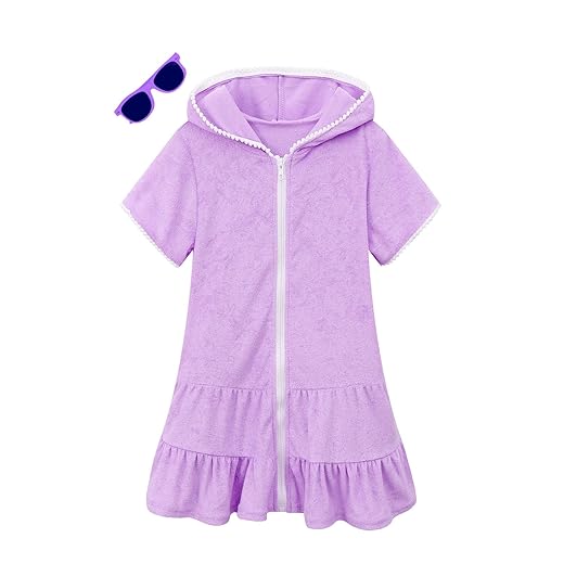 LUCKYGAL Girls Swim Cover Up Kids Swimsuit Coverup Terry Zip-Up Beach Bathing Suit Robe, Size 6 7 Purple