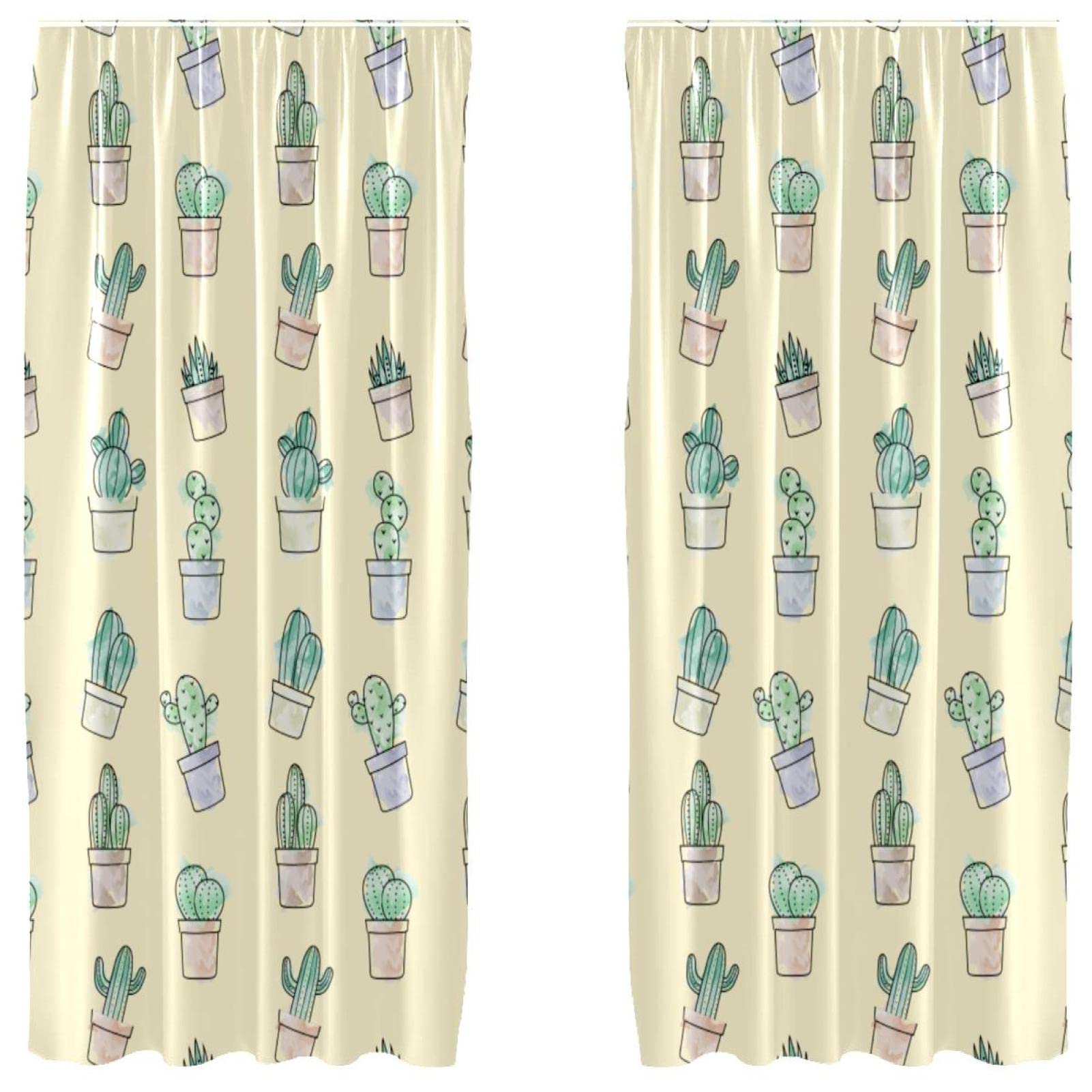 Cortinas de cactus fondo amarillo en pack de dos paneles largos de 55 x 84 pulgadas para ventanas