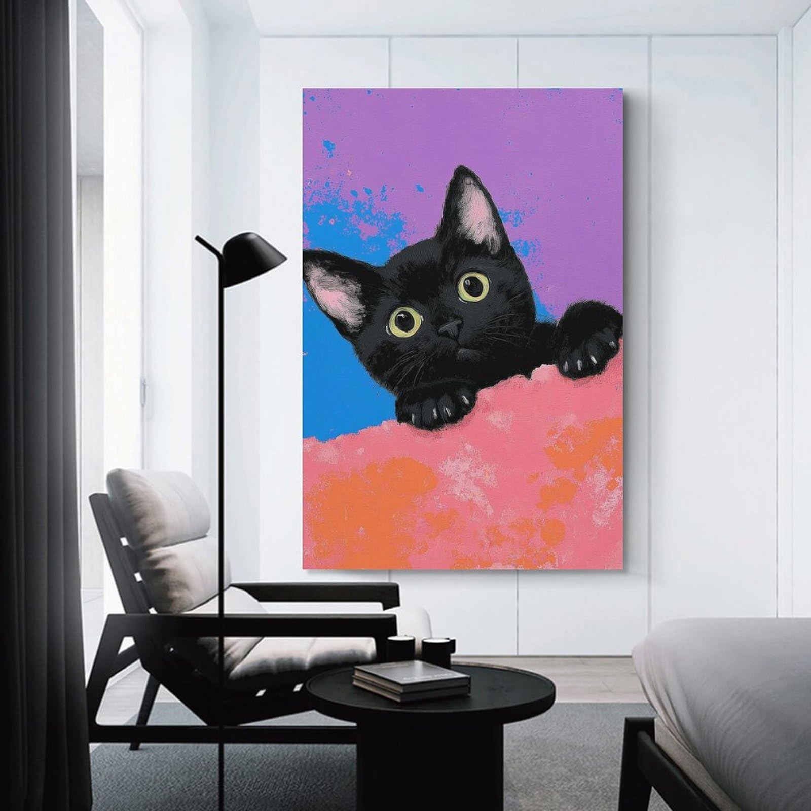 Junmoney Black Cat Peeking Art Decorative Wall Artwork 24x36inch(60x90cm), for Home Lounge, Bedroom Or Reading Nook, Easy Decor for Gallery Walls