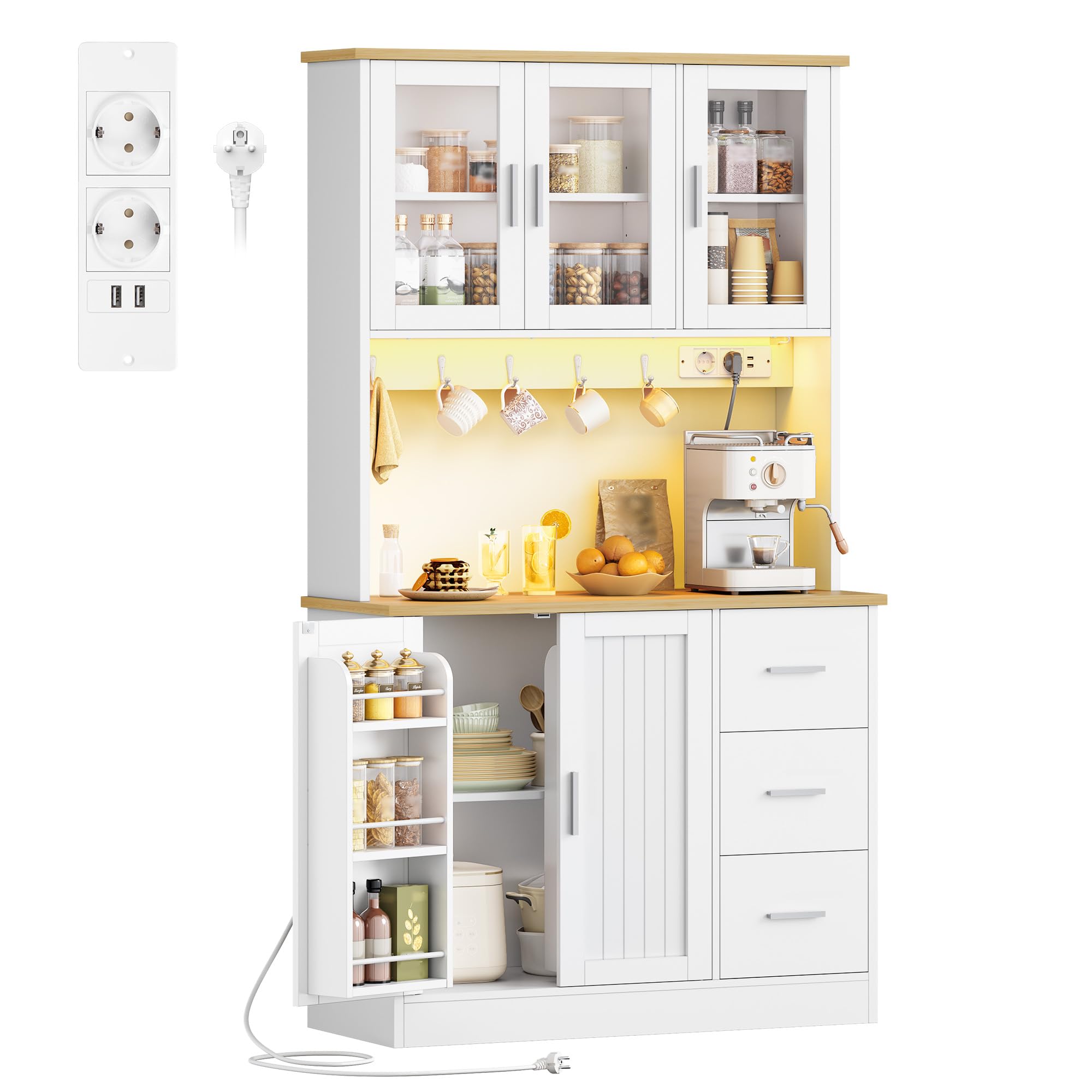 Hzuaneri Armario Cocina Alto, con Toma y Tira LED, 40 x 100 x 180 cm | Estante 6 Niveles Tras Puerta, 5 Puertas y 3 Cajones, Para Cocina o Salón, Blanco-Roble PT10303XEU
