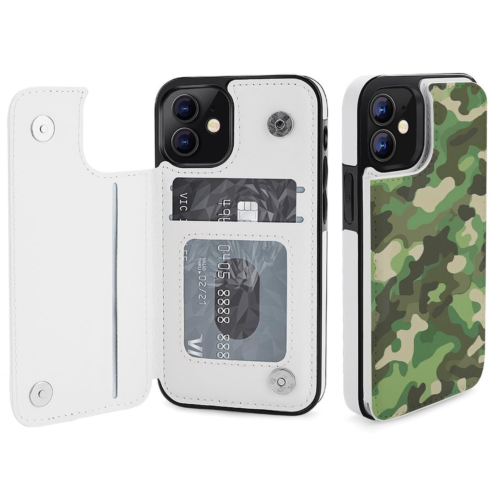 Fundas tipo cartera para iPhone 12, funda de piel con tapa y ranuras para tarjetas con estampado de camuflaje verde