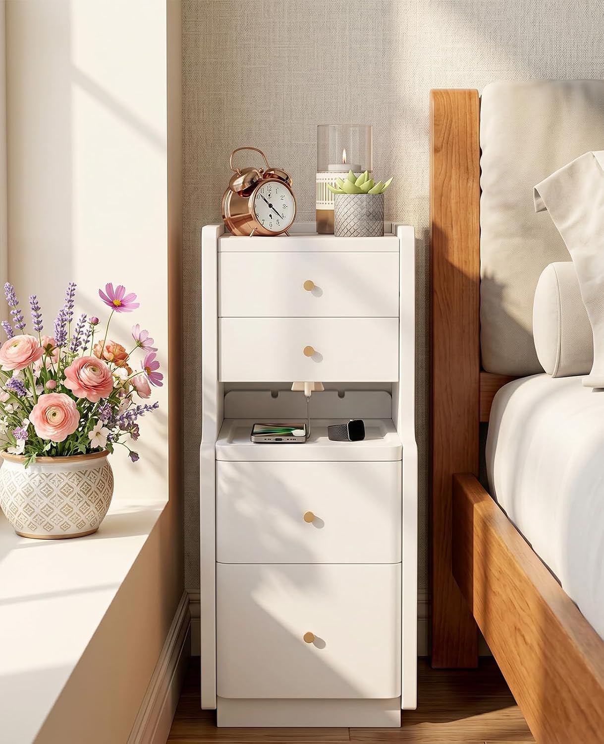 Narrow Nightstand with 4 Drawers, Solid Wood Narrow End Table, Modern Skinny Nightstand with 1 Semi-Open Shelf, Thin Couch Side End Table Night Stand with Drawers