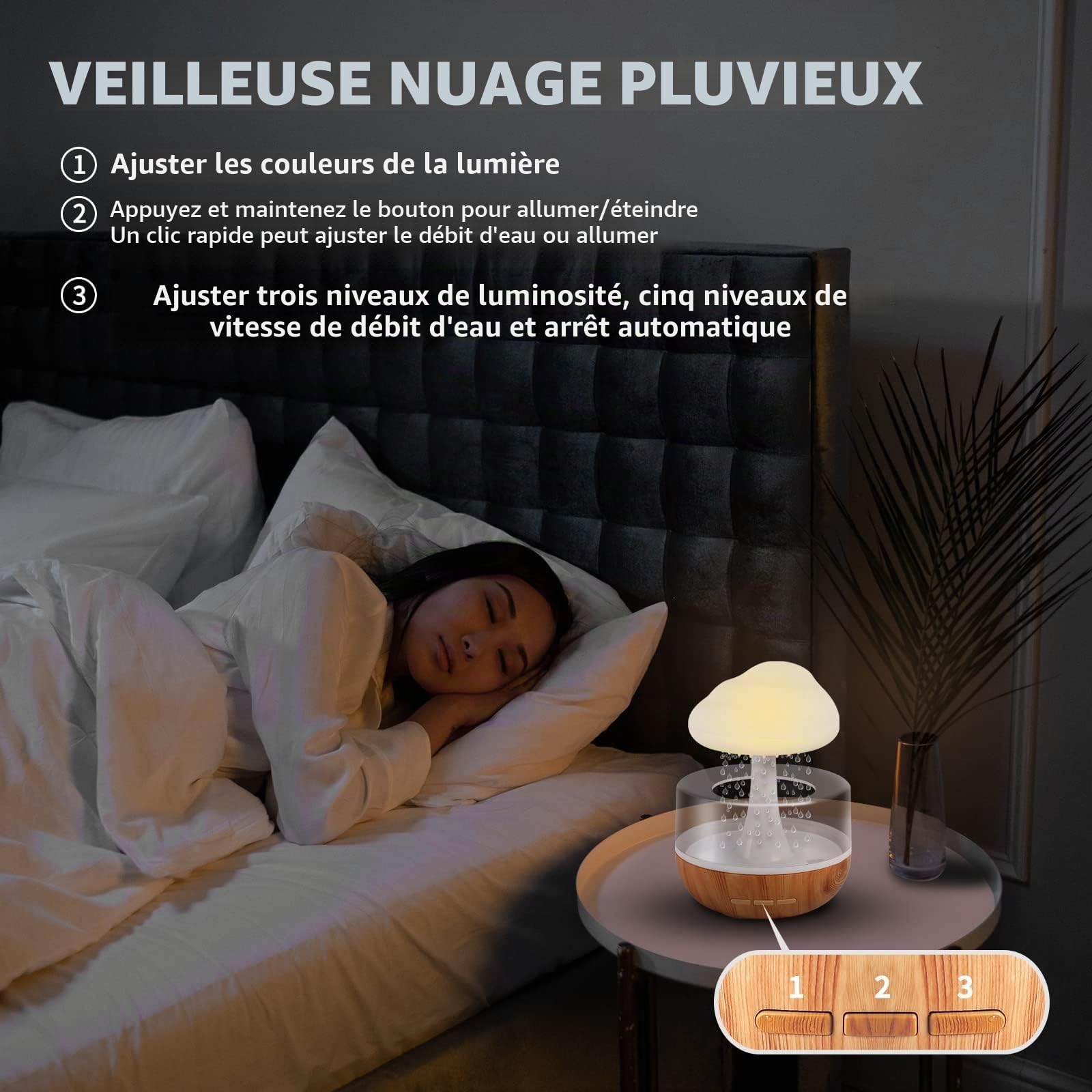 Humidificateur d'air avec Lampe Pluie, Weljoy Rain-Cloud humidificateur avec 7 lumières LED de Couleur, Diffuseur d'huiles essentielles pour Maison, Bureau, Chambre, la Relaxation, Dormir