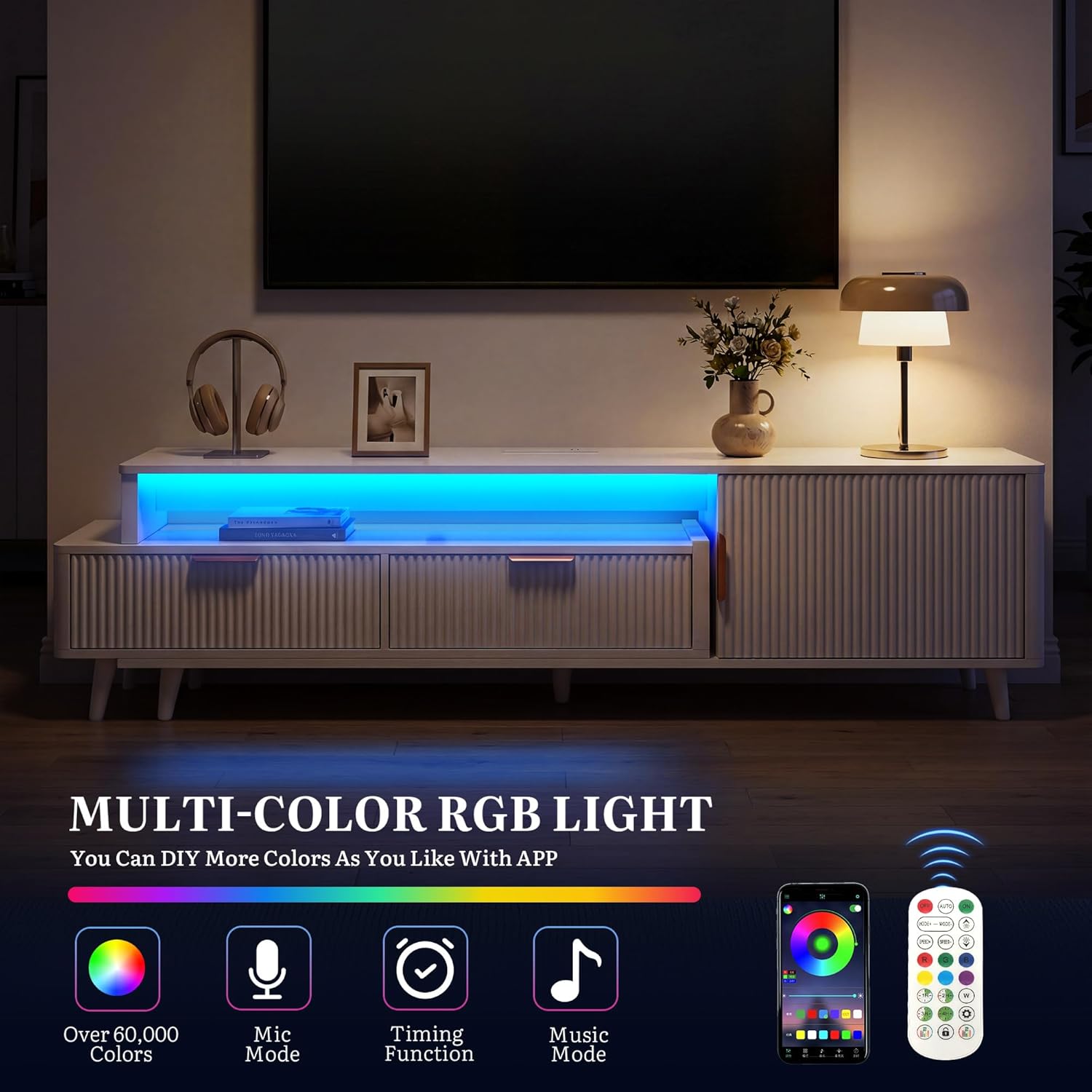 YITAHOME TV Stand for 100 Inch TVs with Power Outlet & LED Light, Fluted Entertainment Center with Storage Drawers & Cabinet, Modern Media Console for Living Room, White