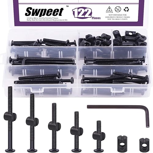 Miniatura 1 de Swpeet 120 tornillos para cuna, negro M6 × 354555652.953 in, perno de cuna y tuercas de barril con 1 llave Allen perfecta para muebles, cunas,
