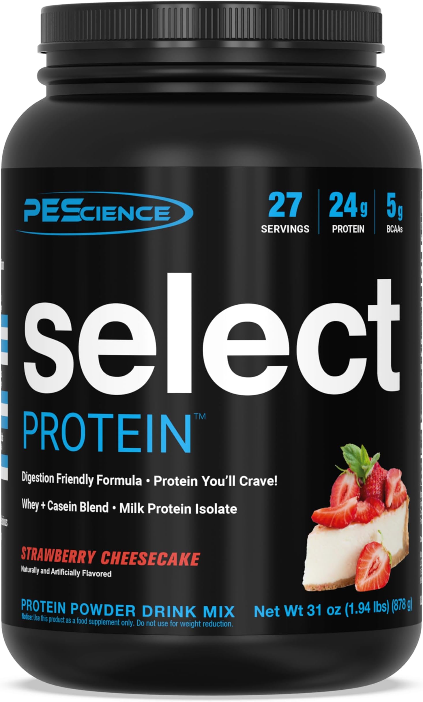 PEScience Select Protein Powder, Whey and Casein Blend, Gluten Free, Low Carb Protein Powder for Women and Men, Low Calorie, Keto Friendly - Strawberry Cheesecake, 27 Servings