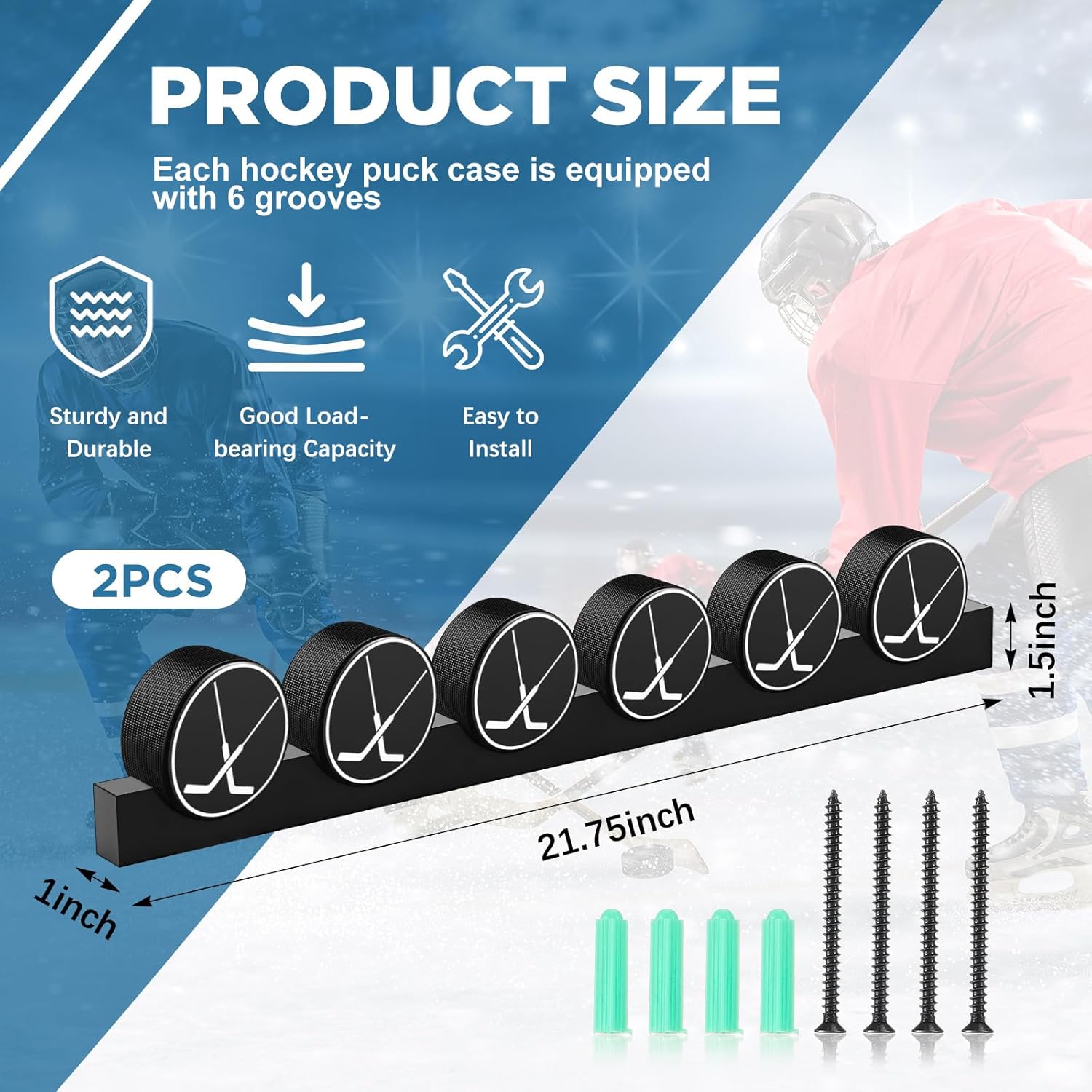 Yulejo 2 Pcs Hockey Puck Display Case Wall Mount Acrylic Clear Hockey Puck Holder for 6 Pucks with Smooth Grooves for Room Living Room Decoration, 21.75 x 1.5 x 1 Inches (Black)