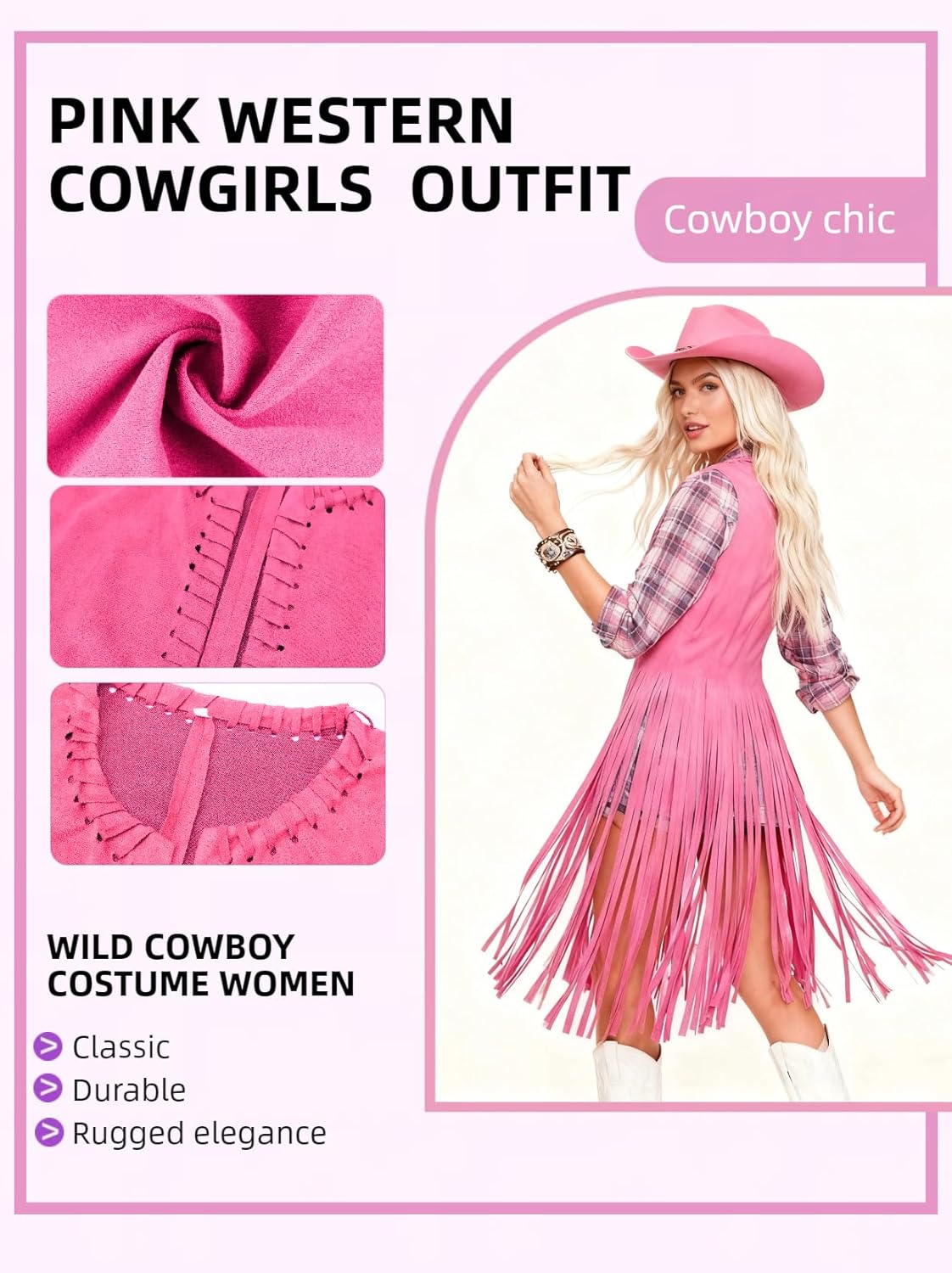 Verceco Cowgirl Outfits for Women Western Retro Cowgirl Costume Country Fringe Vest and Cowboy Hat 6 PC 70s Hippie Outfit - Image 6