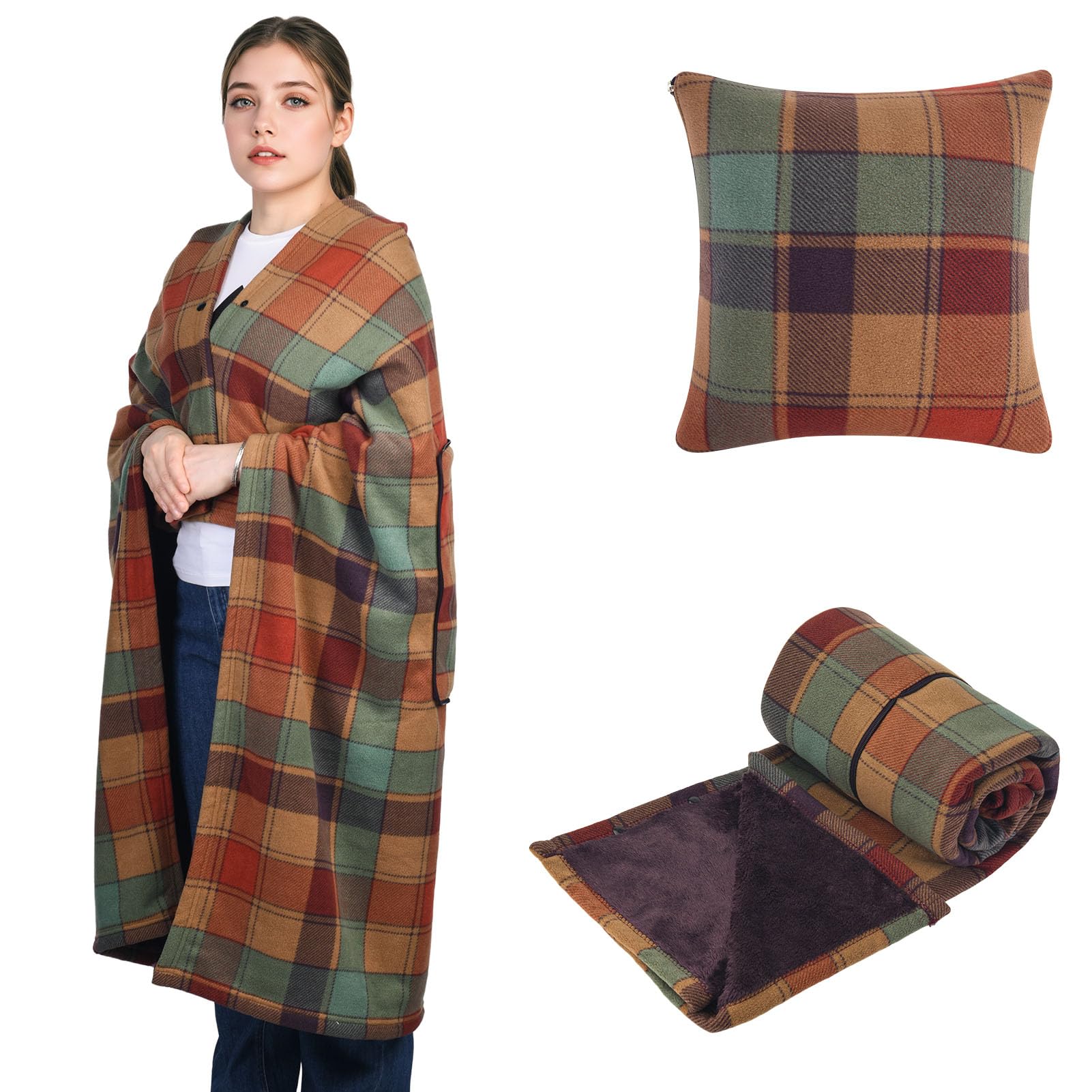 Manta portátil almohada compacta 2 en 1 manta para mujer poncho polar con botón colcha a cuadros almohada para cama, sofá, oficina