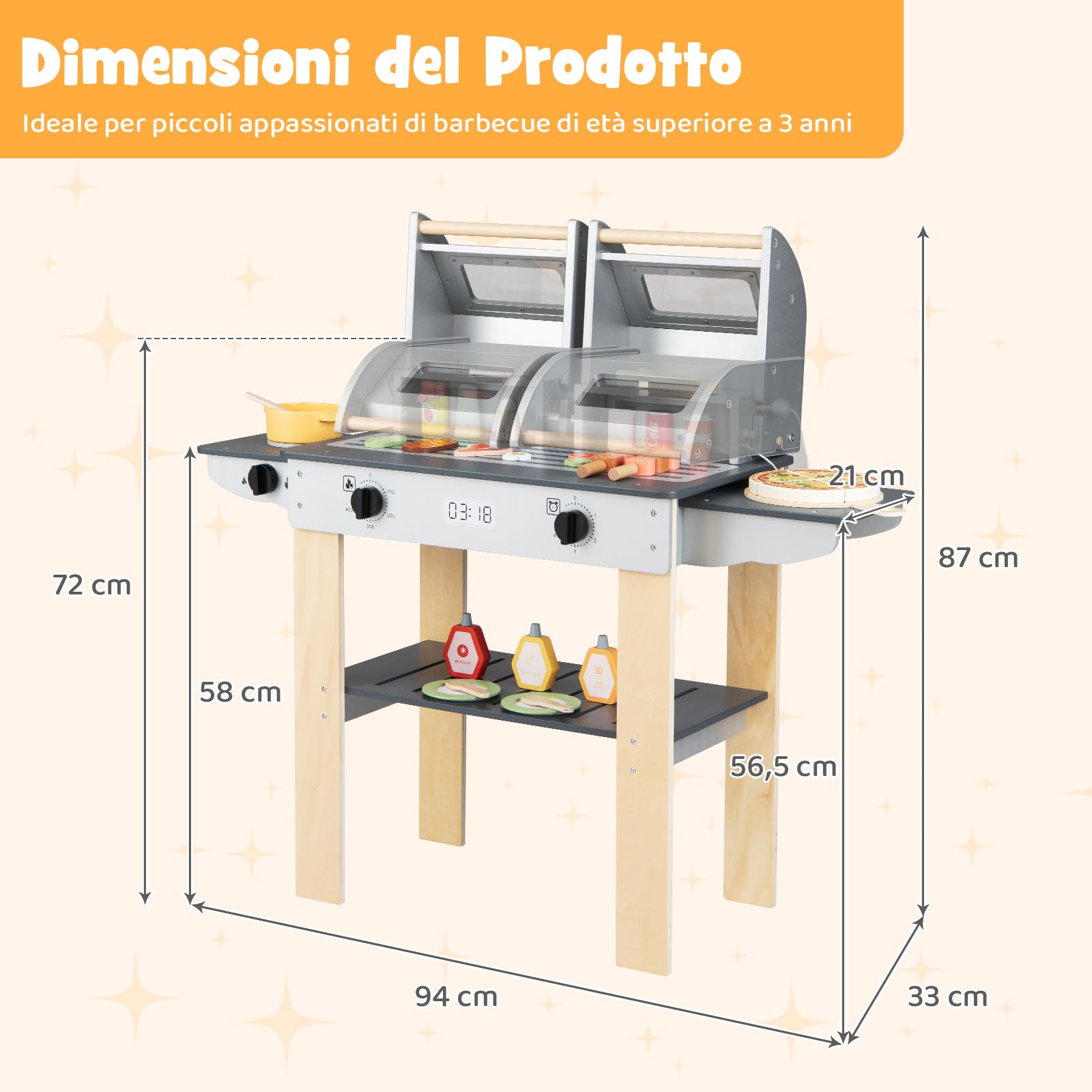 COSTWAY Set di Gioco per Barbecue in Legno per Bambini, Gioco di Griglia per Bambini con 2 Grill, Coperchi Ribaltabili, Ricchi Accessori e Cibi Giocattolo, per Bambini 3+ Anni