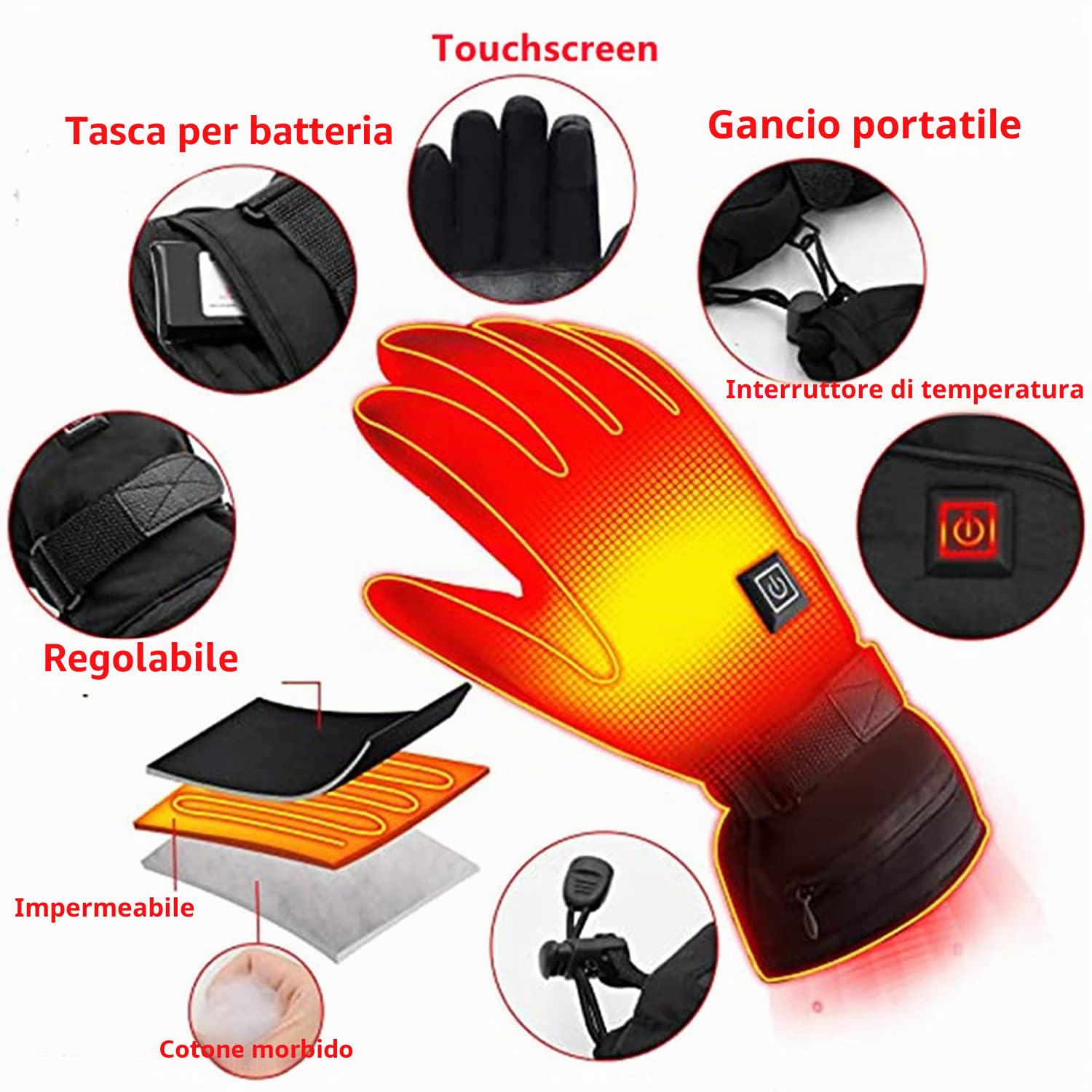 Guanti riscaldati con touchscreen per inverno, scaldamani per uomini e donne, per sci, snowboard, ciclismo, escursionismo