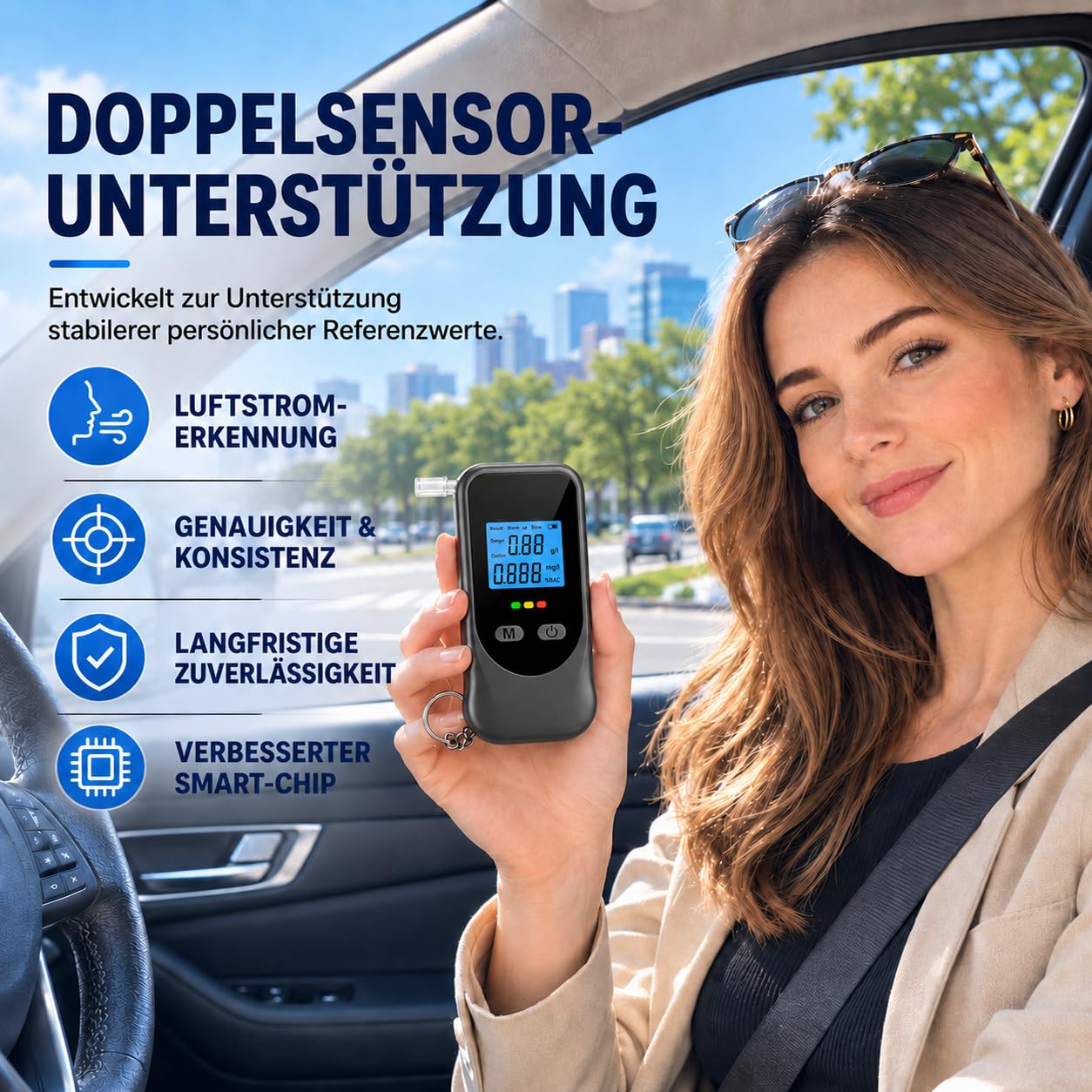 Alkoholtester, Breathalyzer mit 20 Mundstücken, Speicher und Schlüsselring