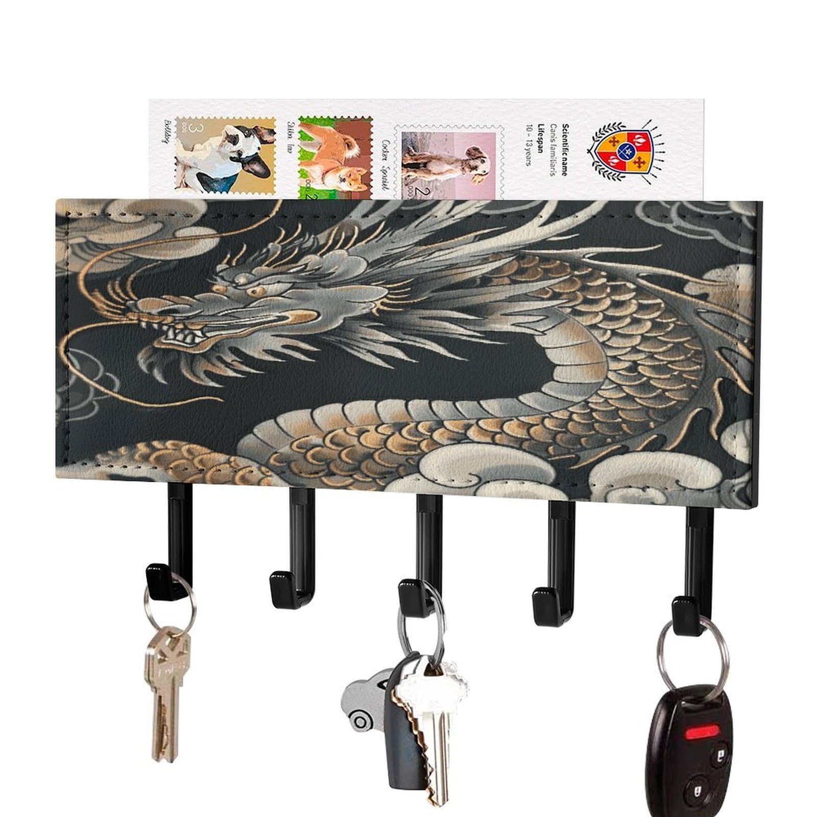 Fekiloot Black-Style Black Oriental Dragon Key Holder Wall Mount Key Hanger With 5 Hooks Decorative Key Rack Hanging Key Hooks With Mail Organizer Key Holder For Wall Living Room Kitchen Bathroom Hallway Black
