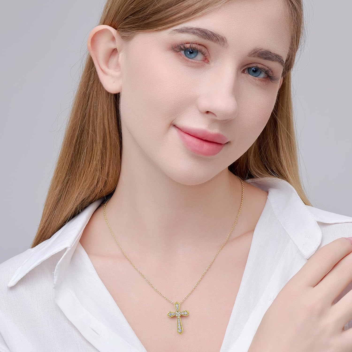 14K Gold Plated Cross Necklace for Women, Simple Diamond Necklace Faith Cross Jewelry Dainty Birthstone Pendant Necklaces First Communion Necklace Easter Present Christmas Gift Birthday Gift for Women - Image 3
