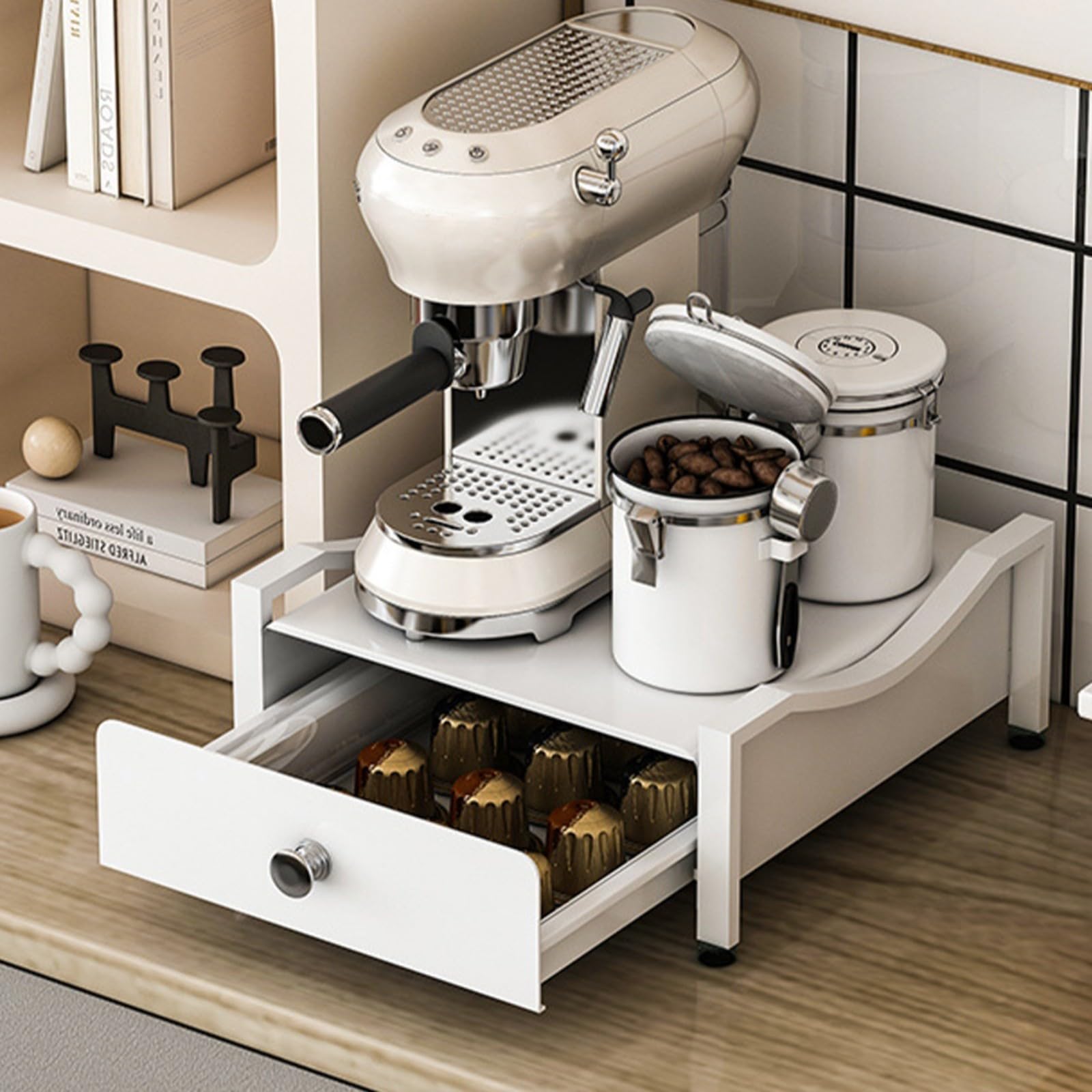 Kaffeemaschinenständer aus Metall mit Schublade, Kaffeekapselhalter Organizer für Küche, platzsparendes für regal für Kaffeezubehör, weiß(S)