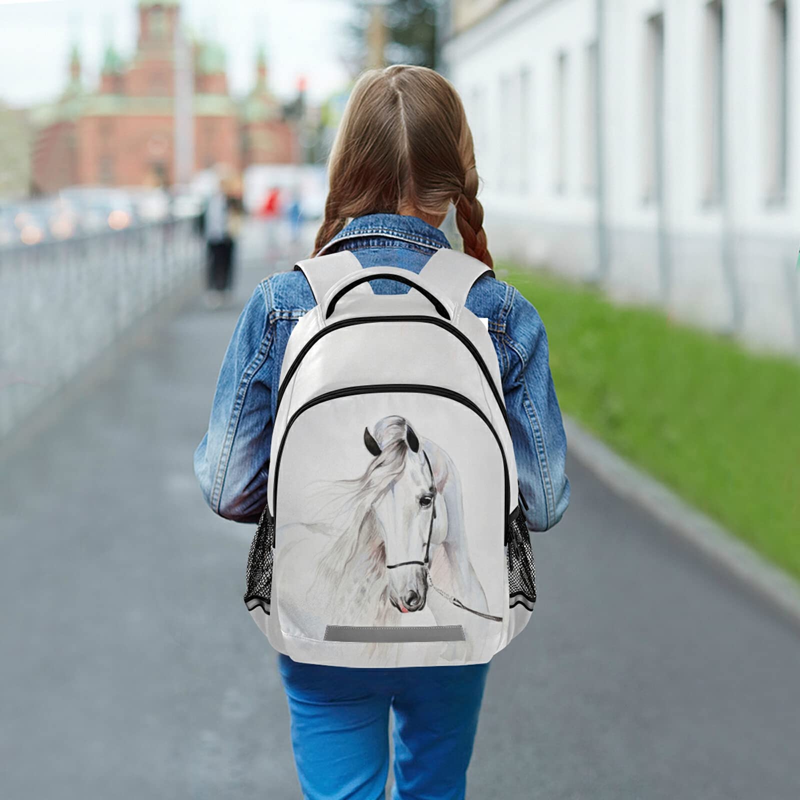 Mochila de caballo blanco para estudiantes, niños y niñas, mochila escolar de viaje, estampado 1, Taille unique