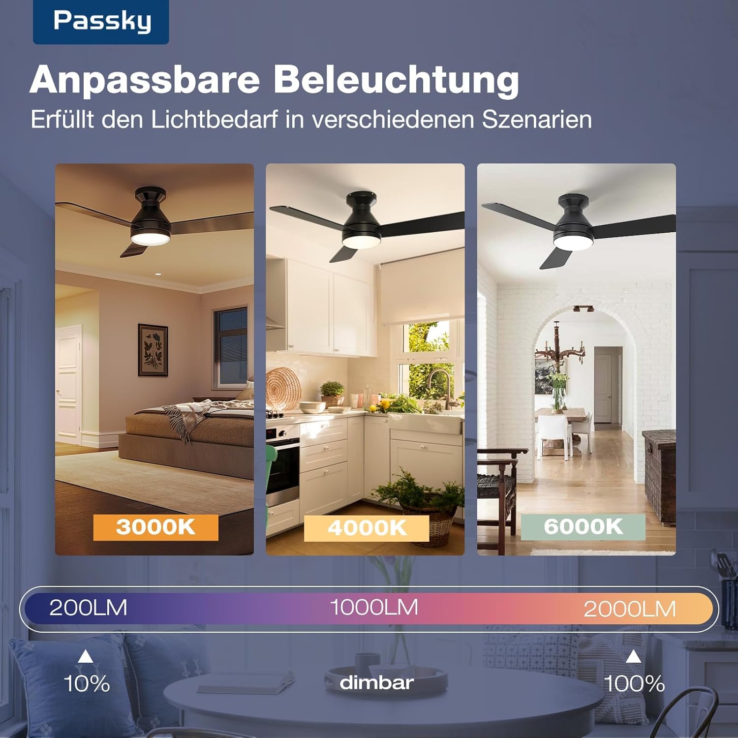 Passky Deckenventilator mit Beleuchtung Fernbedienung107cm Schwarz | 3 Flügeln LED Leiser DC-Motor Timer 3 Farbtemperaturen 6 Geschwindigkeiten Umkehrbar Sommer Winter Wohnzimmer Schlafzimmer