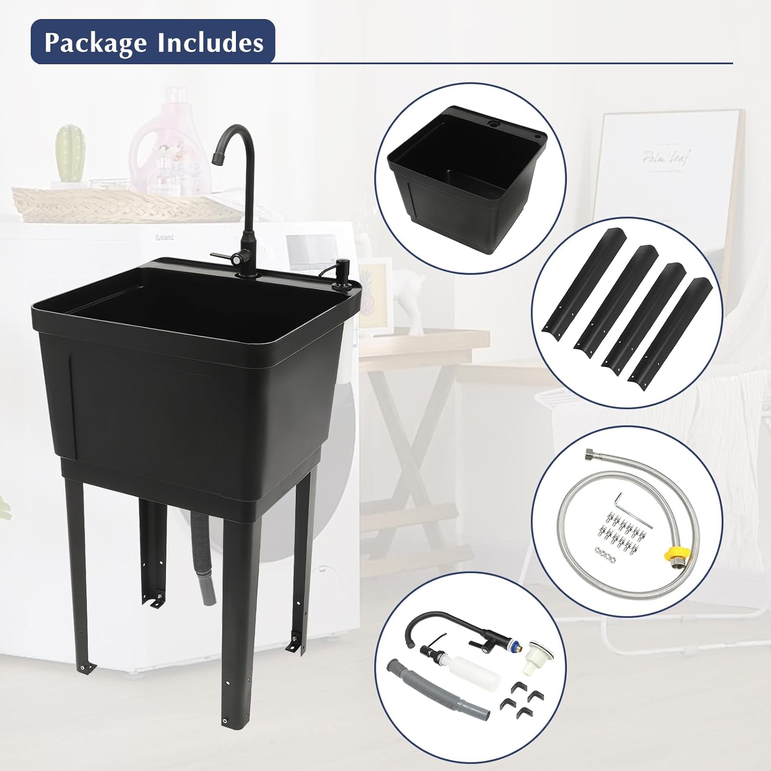 Plastic Laundry & Utility Room Sinks with 360° Rotatable Faucet, Freestanding Laundry Room Sink, Garage Sink, 19.68 * 19 * 33.07in Utility Tub Heavy Duty Compact Utility Sink for Laundry Room & Garage