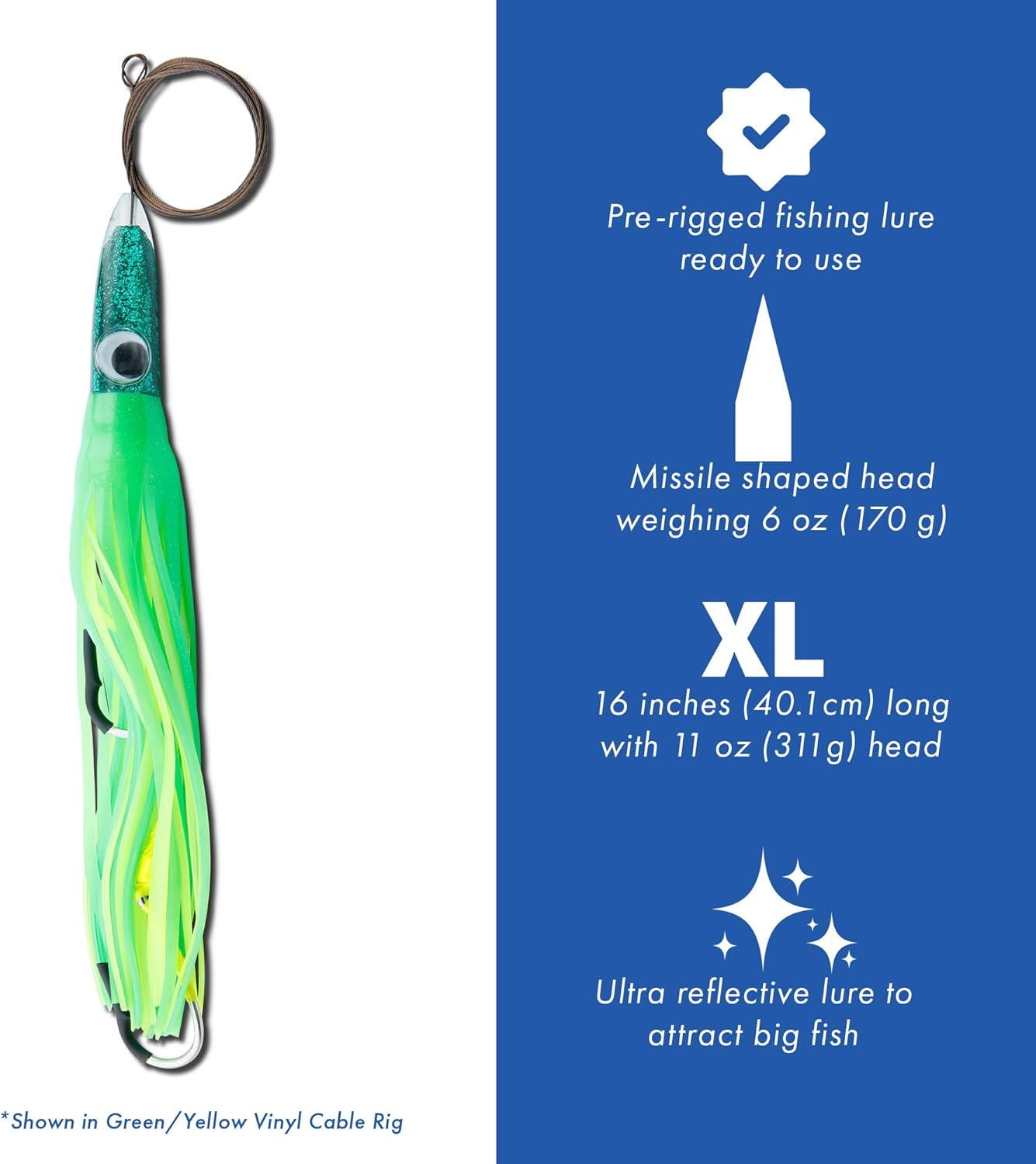 C&H Lures Wahoo Whacker XL 16” High-Speed Rigged & Ready Heavy Duty Saltwater Fishing Lures – 11 oz Missile-Shaped Head, Trolling Lure for Wahoo, Tuna & Mahi Mahi – Runs Deep at Speeds Up to 20 Knots