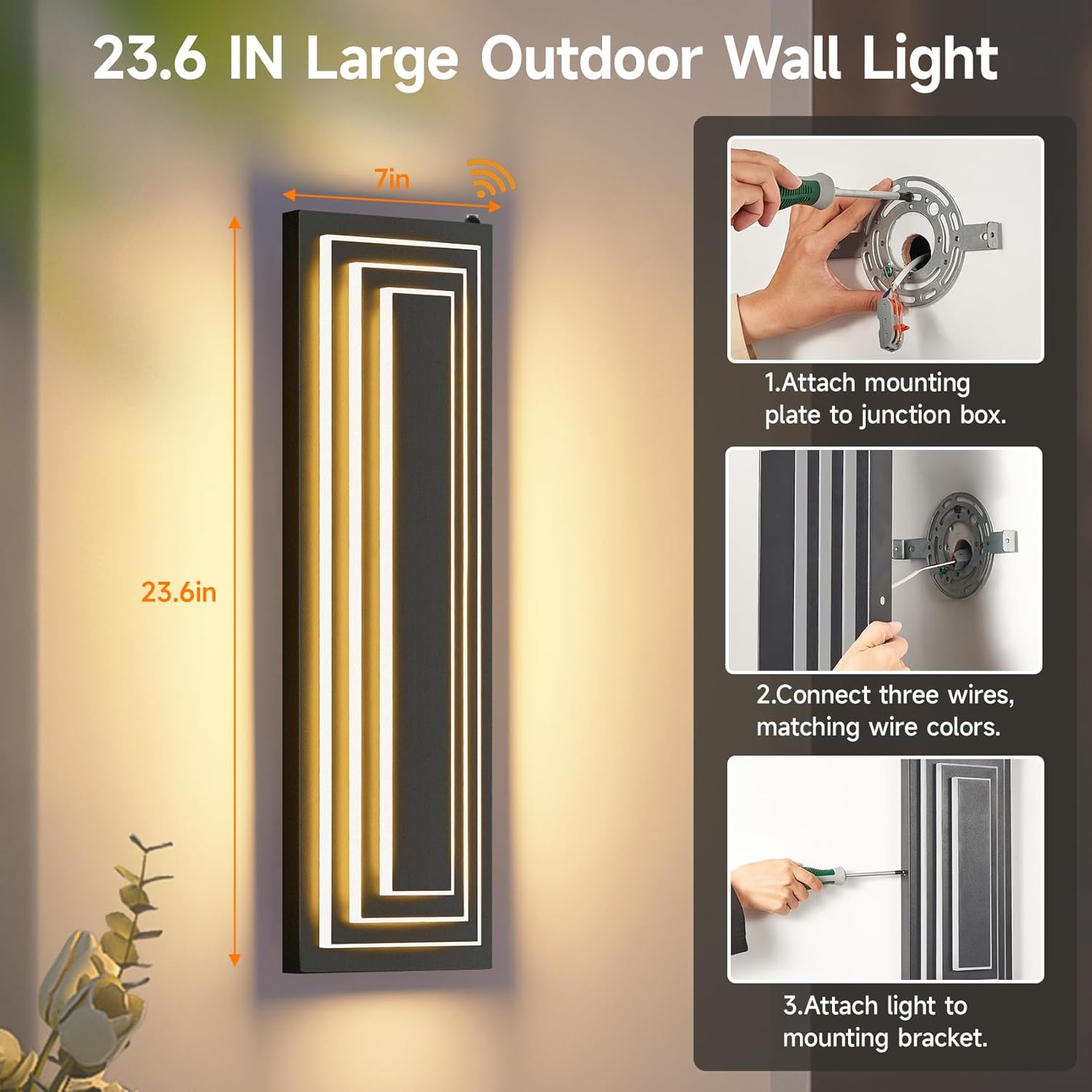 Dusk to Dawn Outdoor Led Wall Lights, 23.6 in Long Exterior Lighting Fixtures,Black Outdoor Sconce Lights,3-Tier Modern Porch Light,36W Warm White Outside Lights for House,Garage, Patio,2 PCS