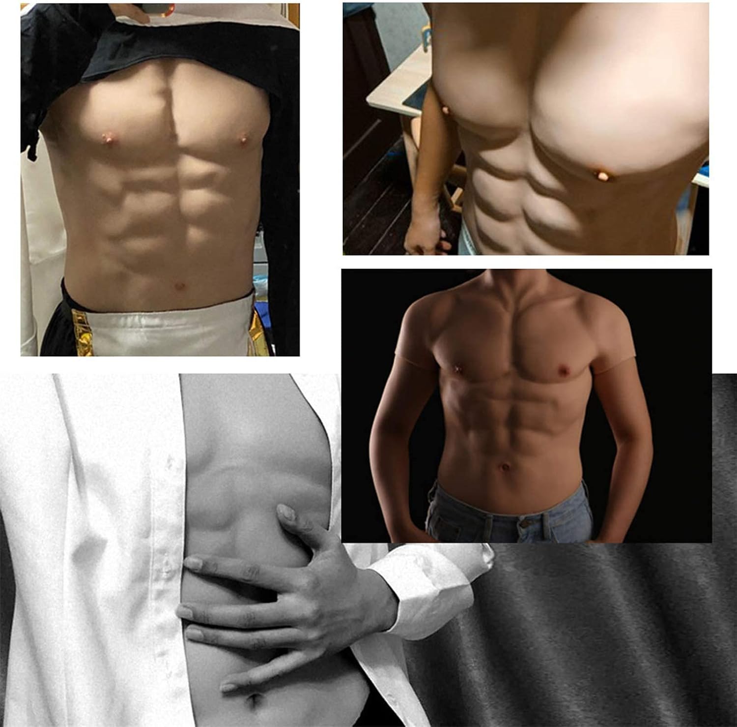 High Neckline Silicone Muscle Chest Bodysuit for Man Cosplay Costume Male Fake Chest Bodysuit Realistic Simulation Muscles for Halloween,Caucasian-S