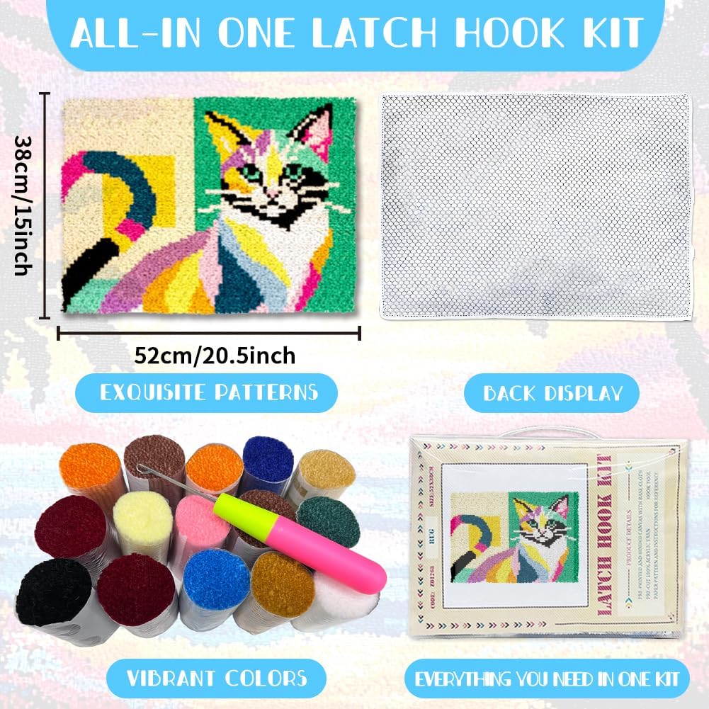 ORIGACH Colorful Abstract Cat Latch Hook Rug Kit for Adults Printed Rug Making Kit Handmade Carpet Tapestry Cover with Hook Latch and Preprinted Canvas, Home Arts Crafts Sofa Decor, 20.5x15inch