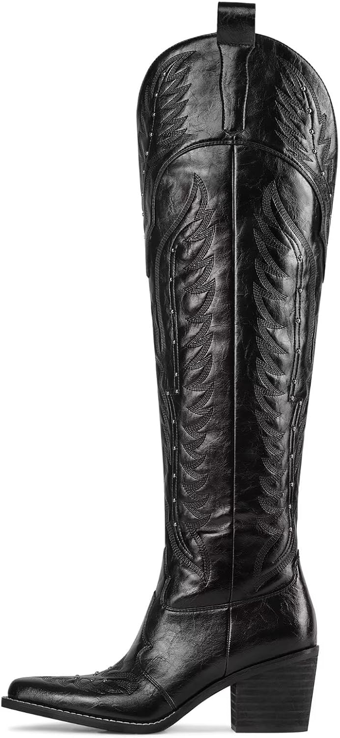 Women's Embroidered Cowboy Boots Over the Knee Western Boots Chunky Heel Pointed Toe Thigh High Cowgirl Riding Boots - Image 4