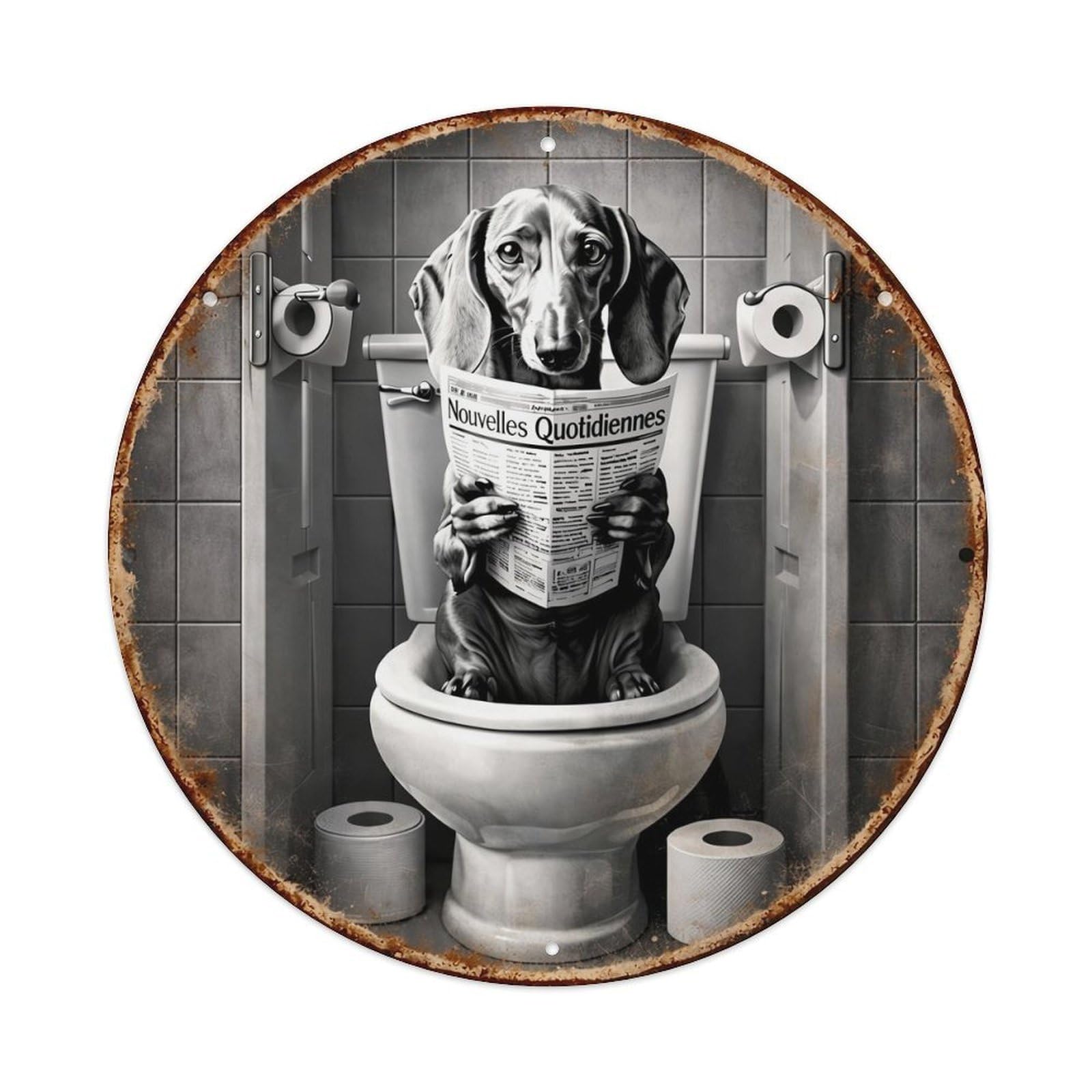Dog Reading Newspaper In Toilet Vintage Round Tin Sign Retro Metal Wall Decor Metal Poster, Home Bar Garage Cafe Wall Art Decoration 8x8Inches