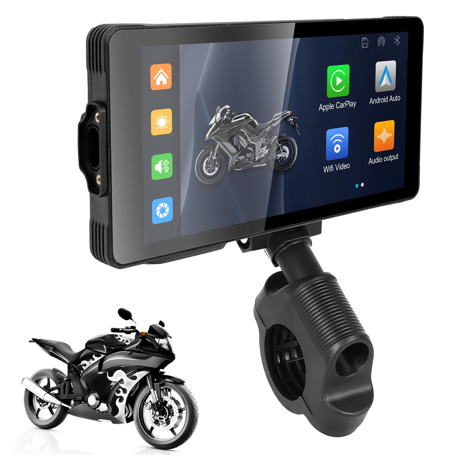 Motorcycle with CarPlay Screen &amp; Android Auto 5.5in IP66 Waterproof Touchscreen Bluetooth Audio Receiver Support WiFi GPS Loop Recording Hands-Free Calling Tire 1080P HD Dash Cam