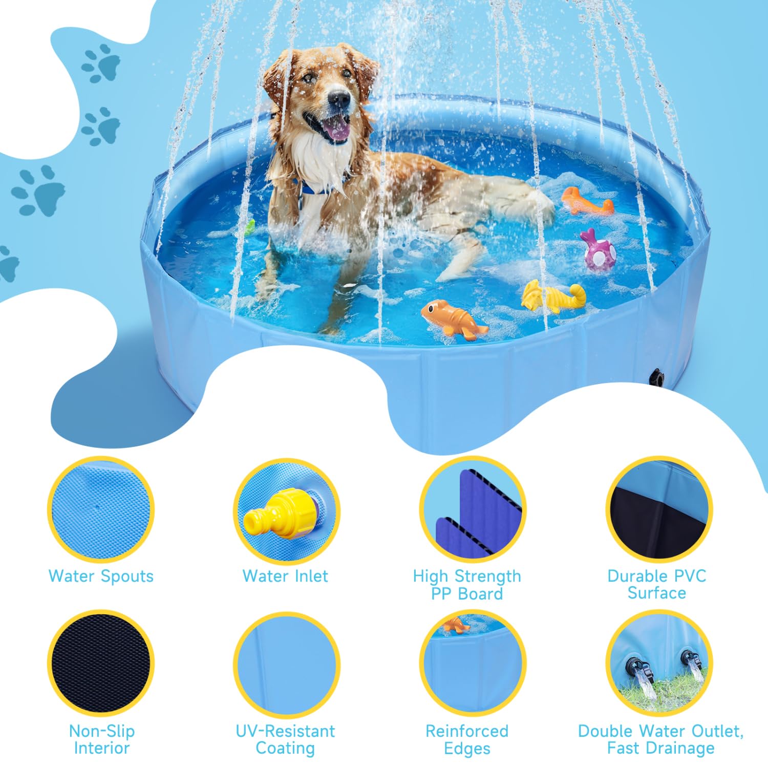 Nobleza Hondenzwembad, zwembad voor honden en katten, zwembad hond, zwembad, hondenbad, opvouwbaar, met antislip pvc, slijtvast, hond en kat, 120 * 30cm, M, blauw & geel