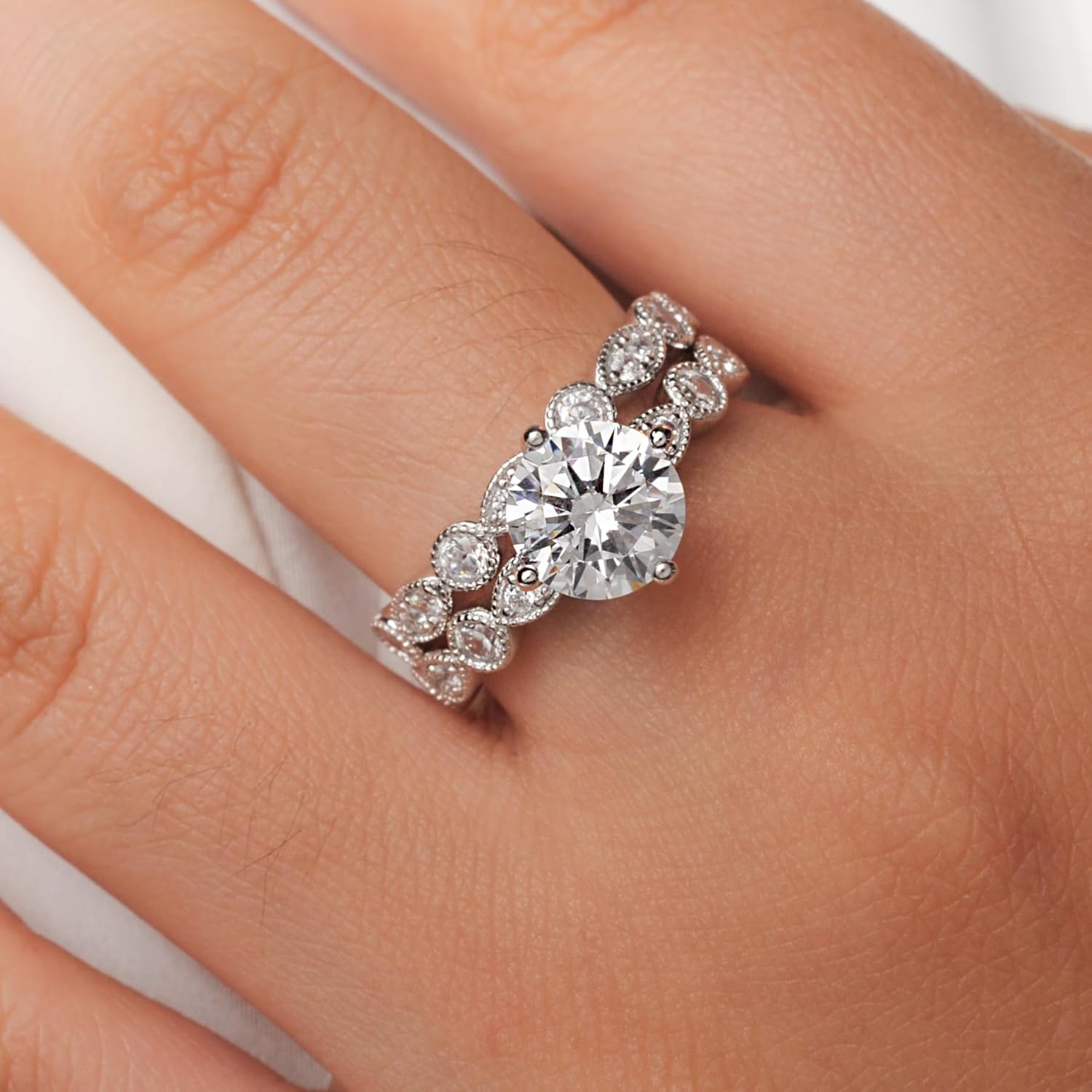 2CT Solitaire Cubic Zirconia Promise Engagement Ring For Women 925 Sterling Silver, Simulated Diamond 14k White Gold Plated CZ Stackable Rings For Her, Marquise Wedding Band Bridal Ring Set - Image 6