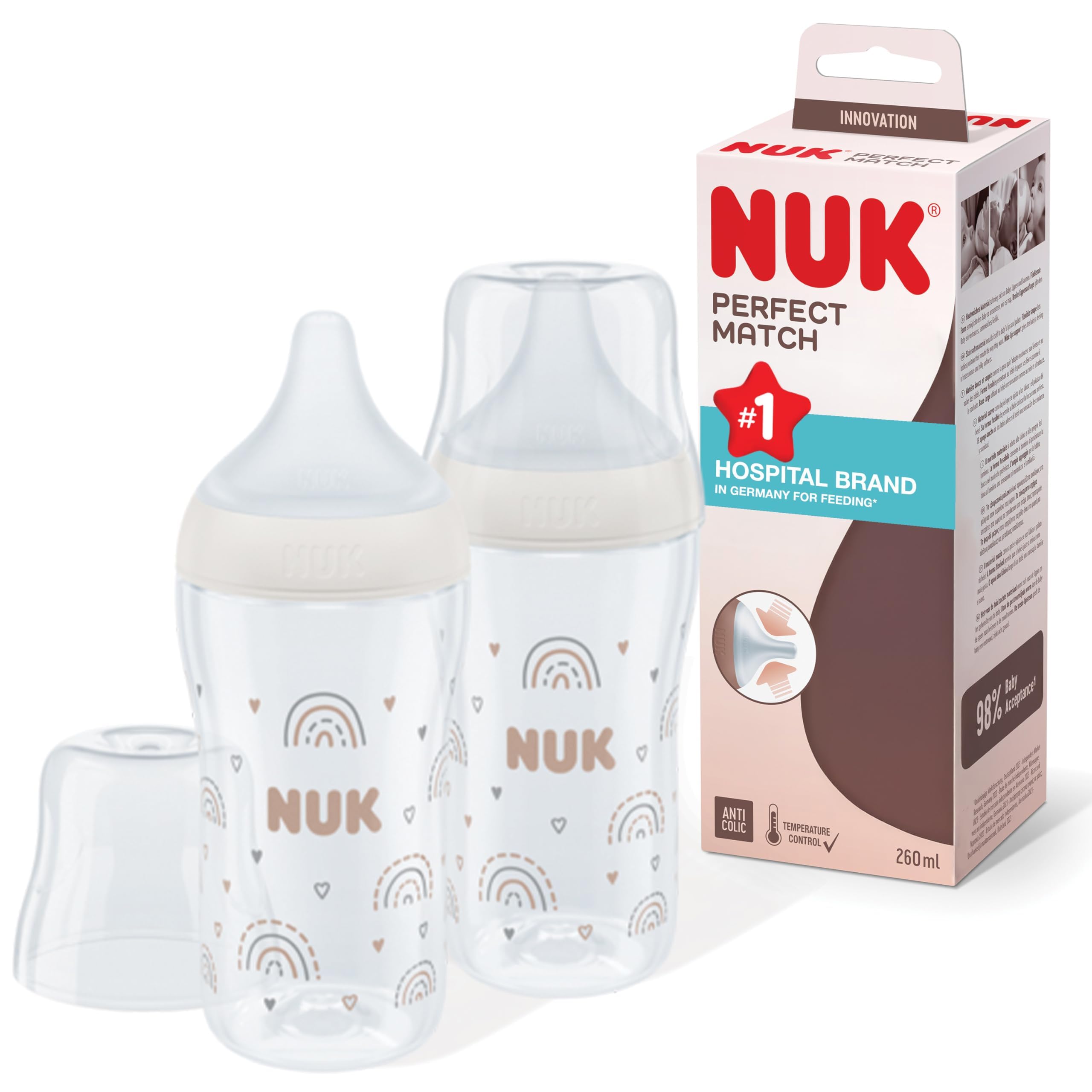 NUK Set biberon Perfect Match | 3+ mesi | Si adatta al palato del bambino | Controllo della temperatura | Sfiato anti-colica | 260 ml | Senza BPA | Tettarella media in silicone | Arcobaleno | 2 pezzi