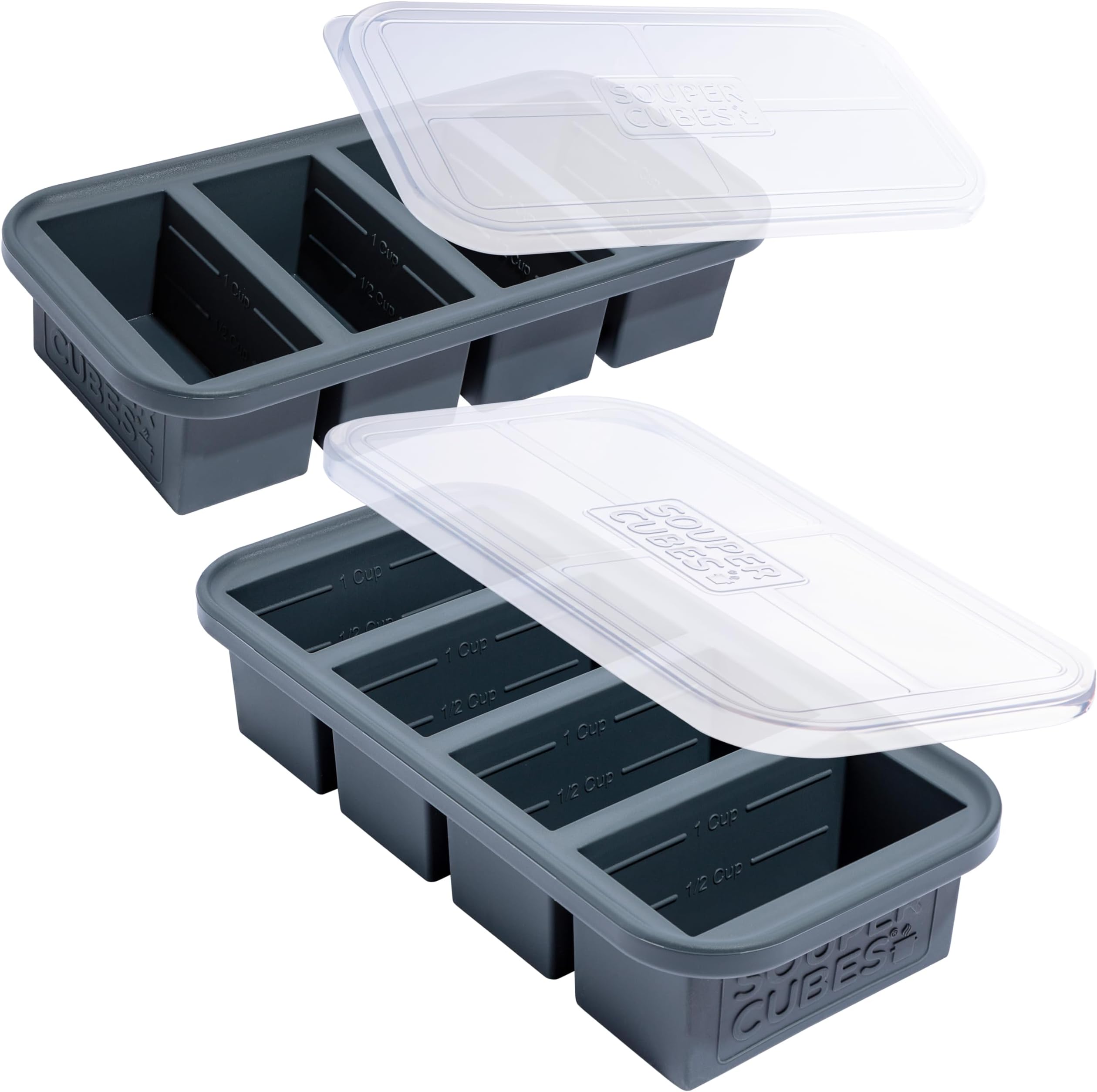 1 Cup/250 mL Silicone Freezer Tray with Lids, Perfect for Storing Soup, Broth, Sauces, Batch Cooking and More, Oven-Safe Silicone Freezer Moulds - Charcoal - 2-Pack
