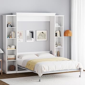Rophefx Full Murphy Bed Cabinet with 5-Tier Adjustable Storage Shelves, Wood Full Wall Bed Cabinet Bed, Space Saving Beds, Hidden Bedframe, Foldable Platform Beds for Guest Room, Bedroom, White