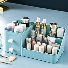 POFUOT skin care organizer,Makeup Desk Organizer With Drawers,Countertop Organizer for Cosmetics,Vanity brush with Holder for Lipstick, Brushes, Eyeshadow, and Desktop (polar blue)