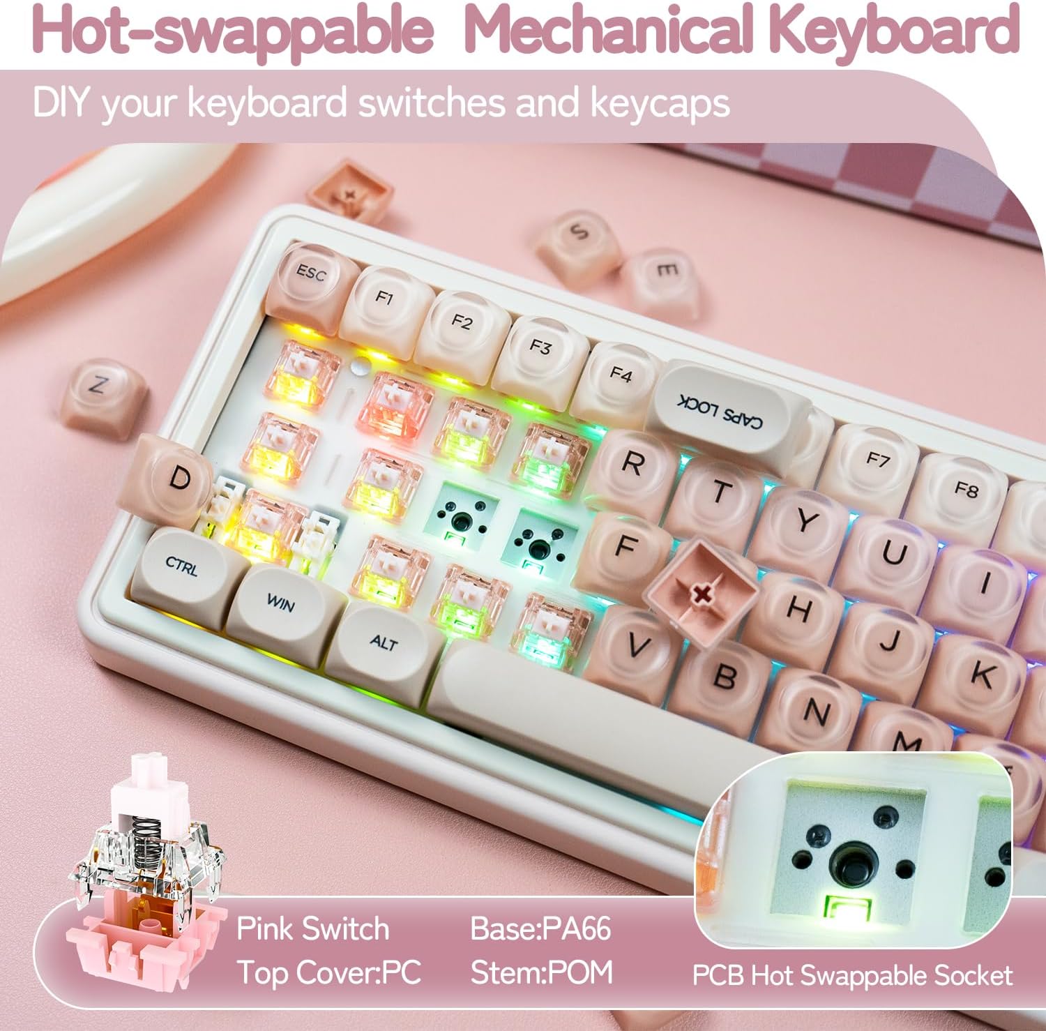 65% Mechanical Keyboard Wireless - 3 Modes 67 Keys Compact Pink Keyboard, Hot-Swap Socket, 5 Layer Padding, Creamy Gasket, Backlit RGB Keyboards Matte Crystalsi Keycaps