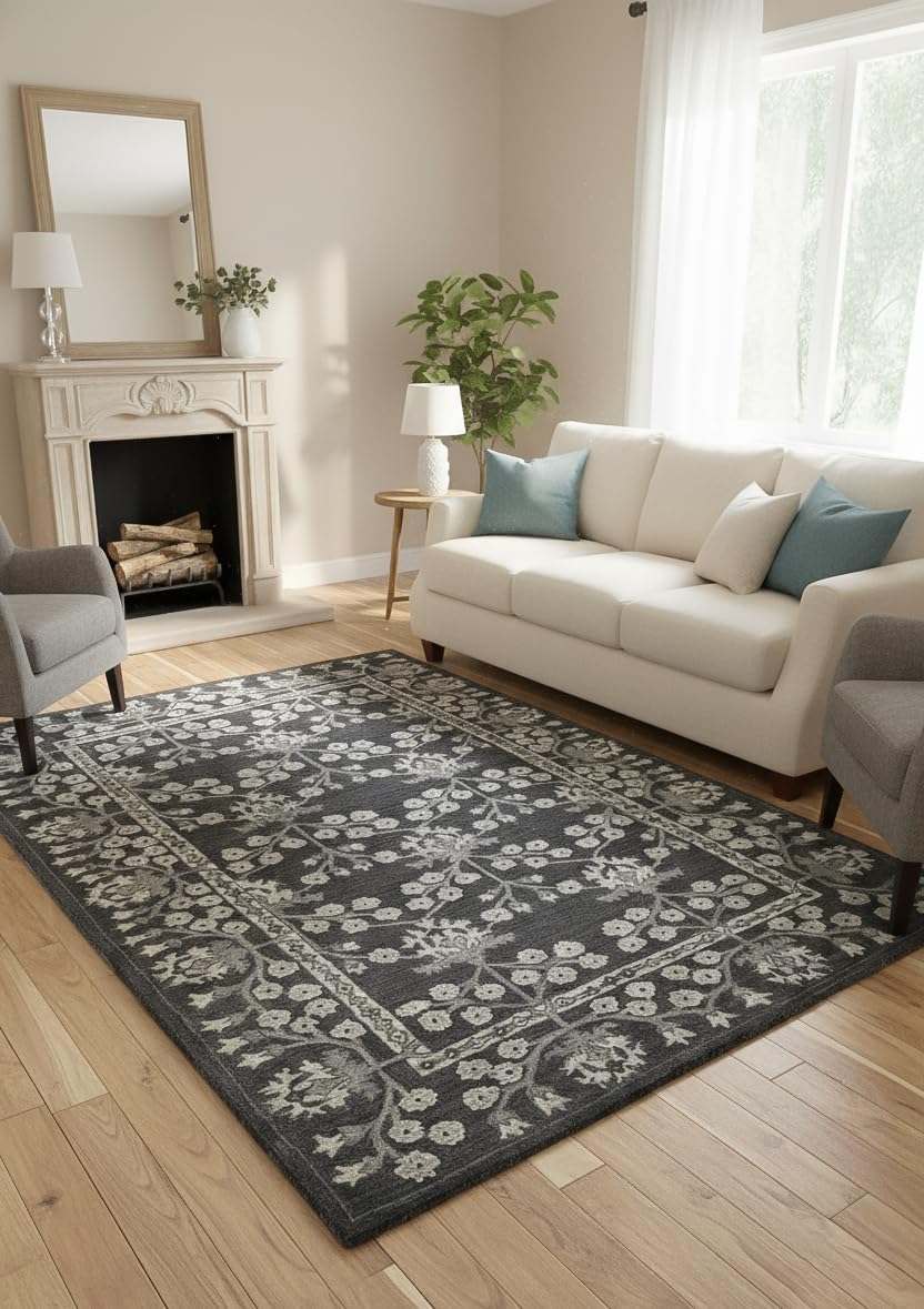 Restoration and Renovation Kanneddy Hand-Tufted Wool Area Rug (Charcoal, 5x8 ft) – Traditional Floral Vine Pattern, Soft Plush Pile – Classic Living Room, Bedroom, Dining Room & Home Decor