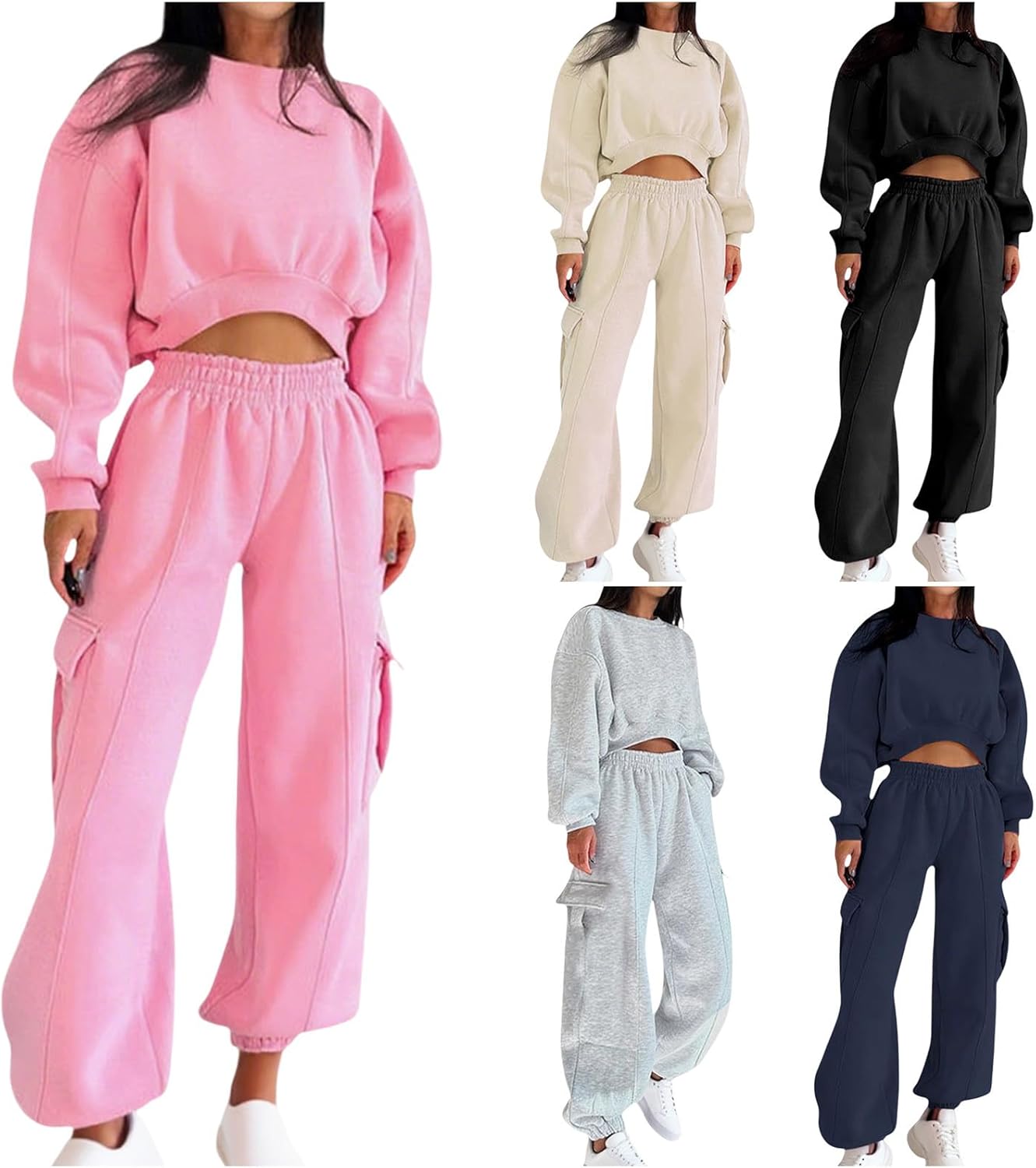HGps8w Women's 2 Piece Tracksuit Outfits Loose Crewneck Cropped Sweatshirt Baggy Cargo Jogger Pants 2025 Fall Lounge Sets